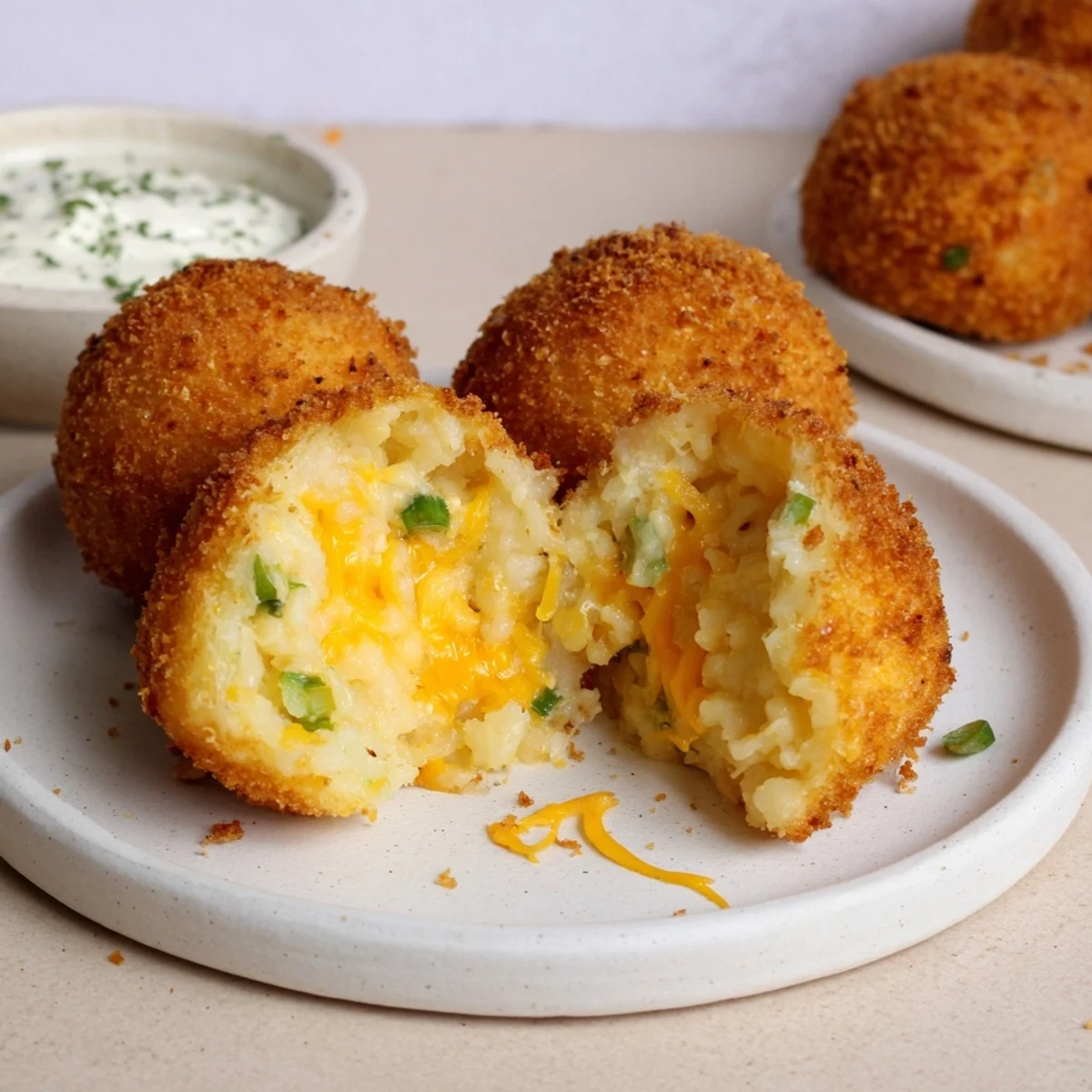 Fried Mashed Potato Balls golden and crispy, cheddar oozing, served with ranch