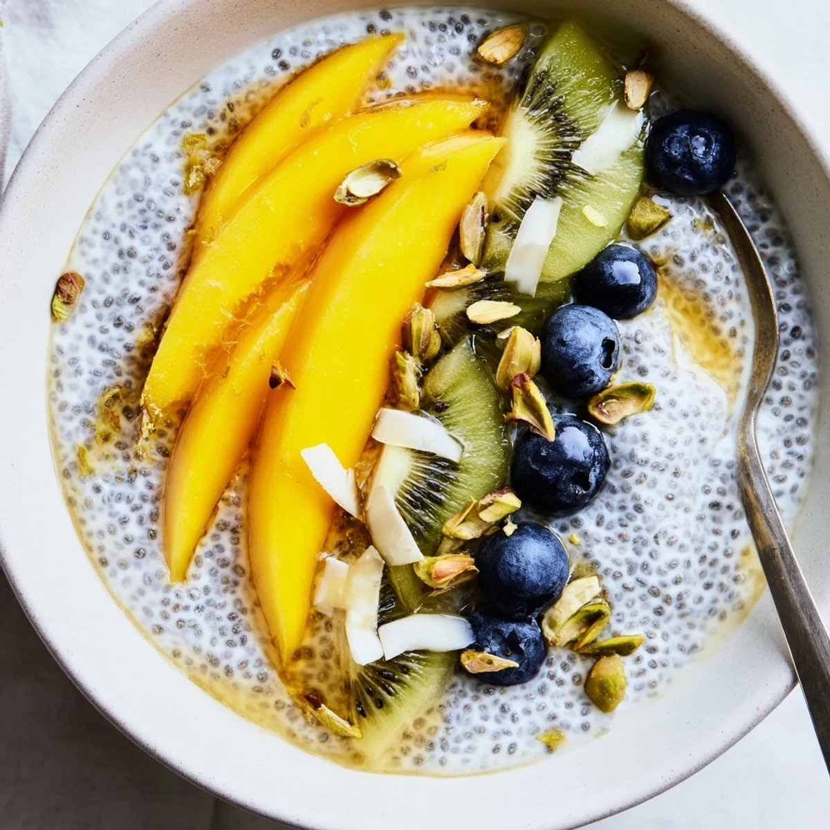 Chilled Coconut Chia Pudding in glass jars, sprinkled with pistachios
