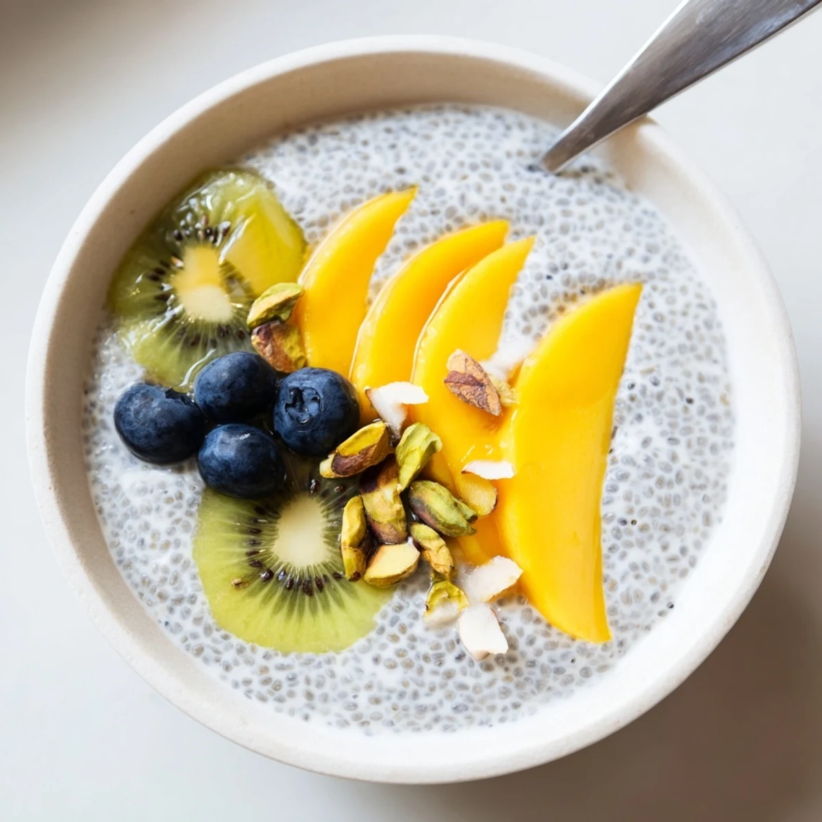 Creamy Coconut Chia Pudding topped with mango and toasted coconut flakes