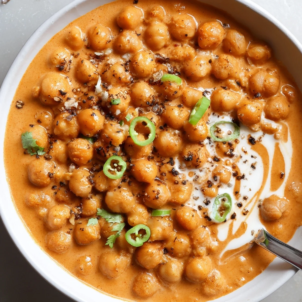 Steaming bowl of Greek Yogurt Chickpea Curry, tangy yogurt cream, cilantro garnish