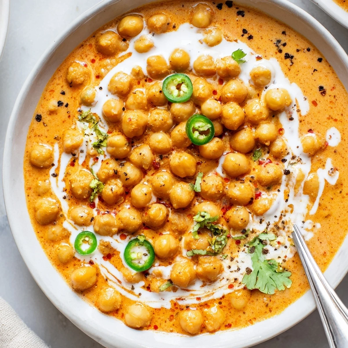 Spoonful of Greek Yogurt Chickpea Curry over basmati rice, warm and savory