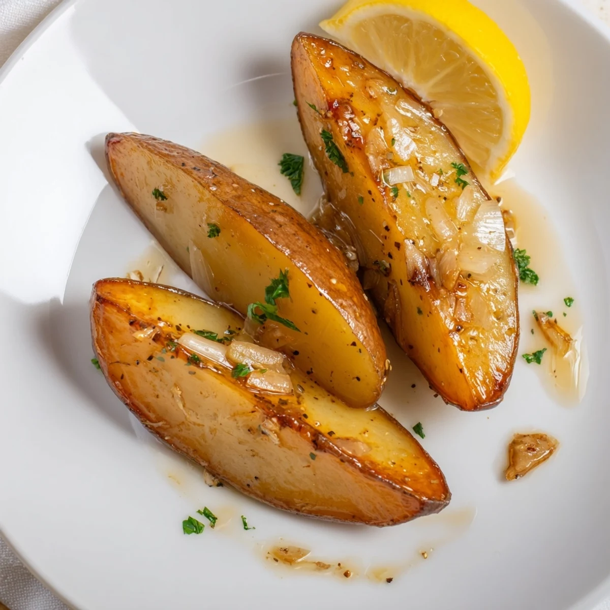 Golden wedges of Authentic Greek Lemon Potatoes Recipe, crisp edges and herb-scented.