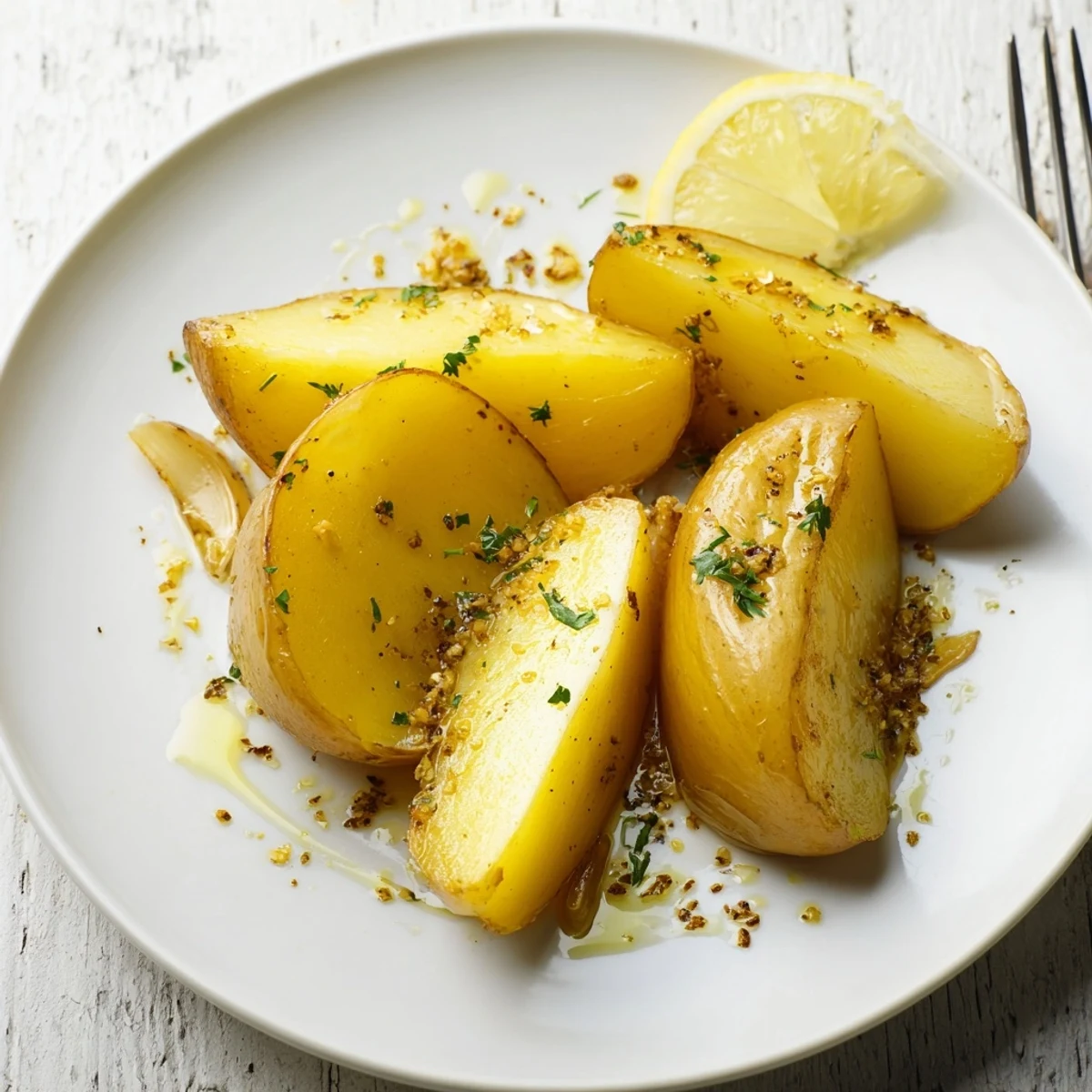 Authentic Greek Lemon Potatoes Recipe roasted in olive oil, served with lemon wedges.