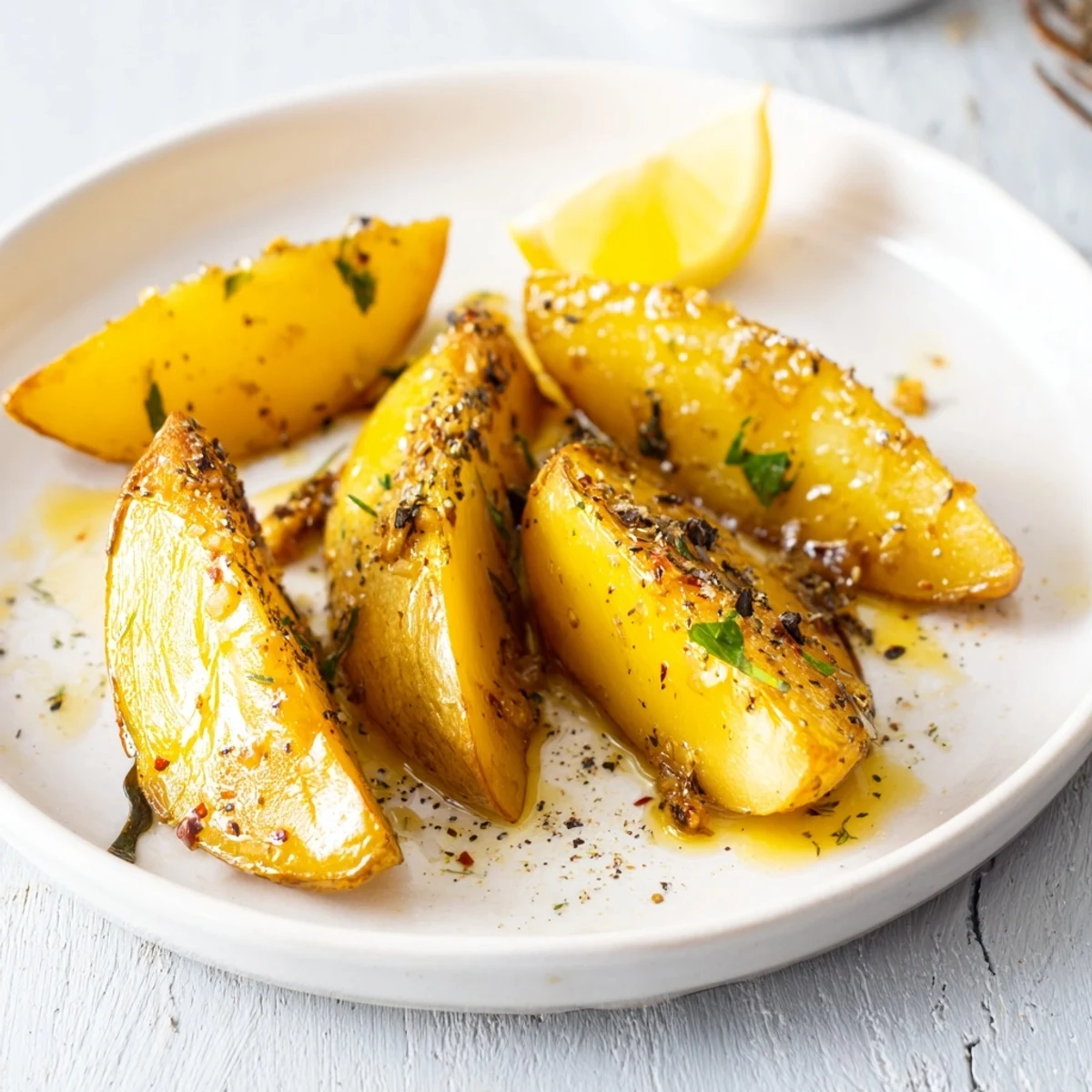 Warm Authentic Greek Lemon Potatoes Recipe glistening with pan juices, sprinkled parsley.