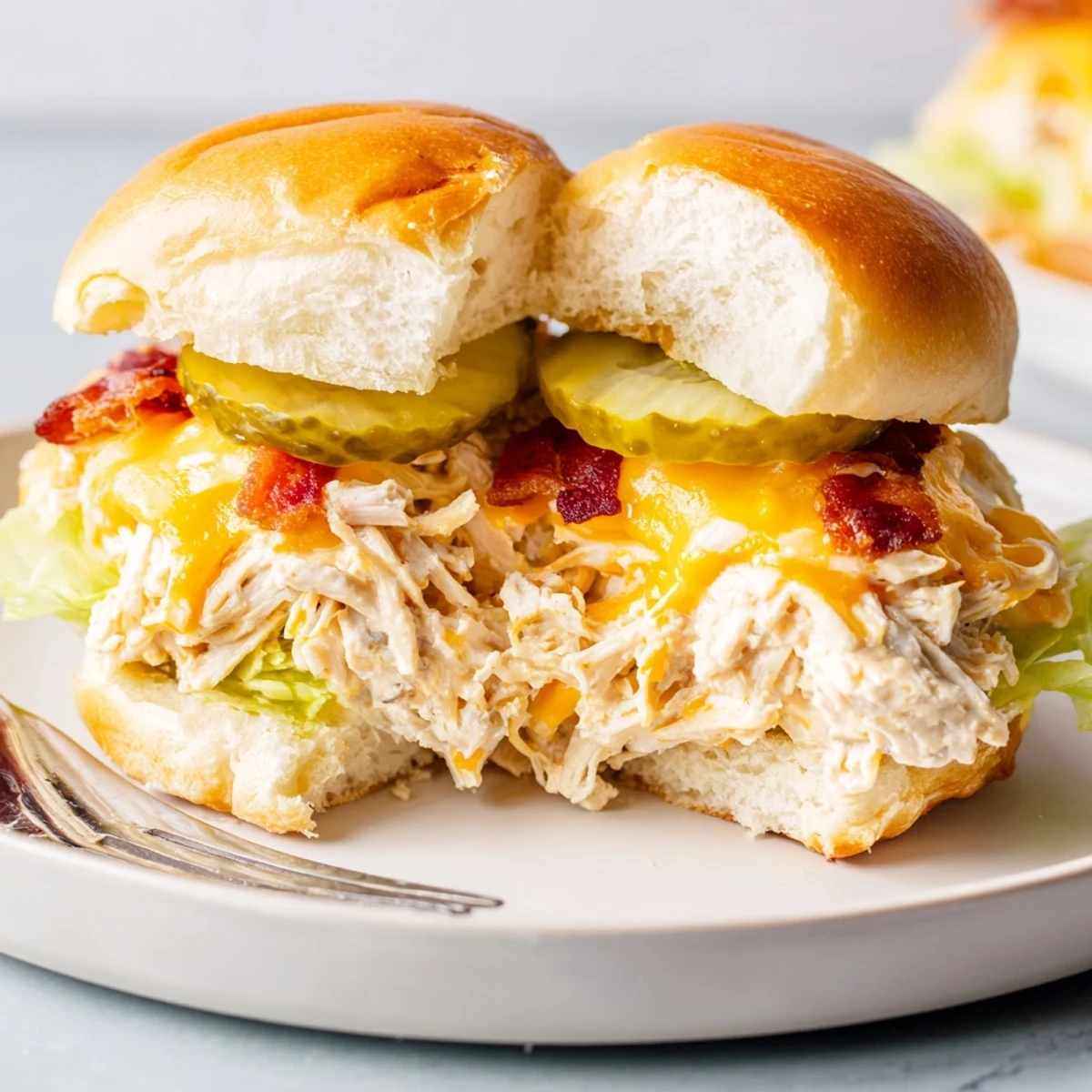Warm oven-baked Crack Chicken Sandwiches on brioche buns, tangy pickles optional