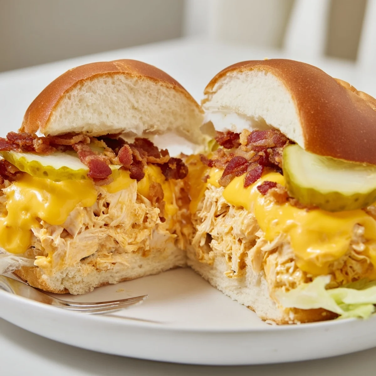 Crack Chicken Sandwiches piled high with creamy melted cheese and crispy bacon