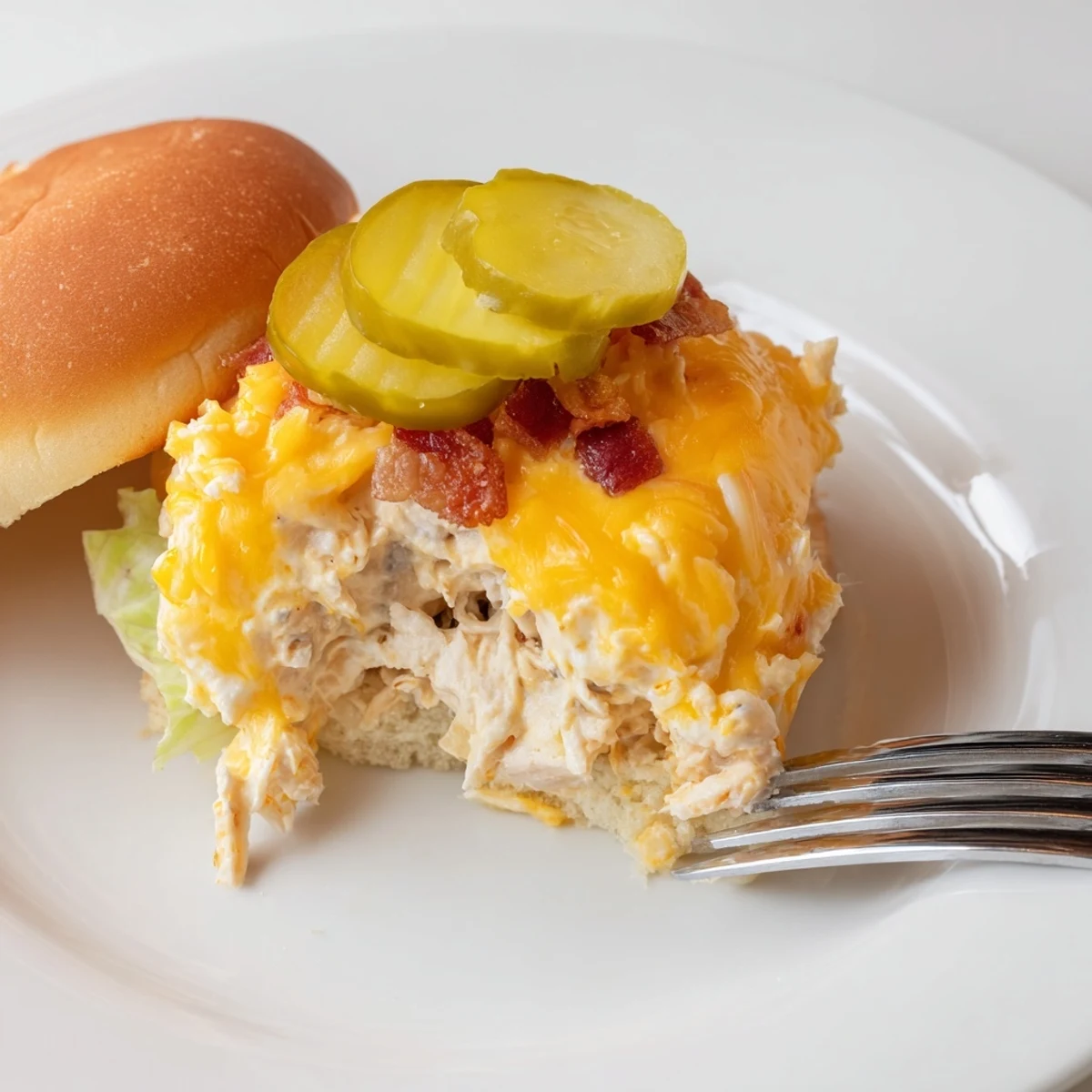 Creamy, ranch-flavored Crack Chicken Sandwiches topped with crumbled bacon, gooey cheddar