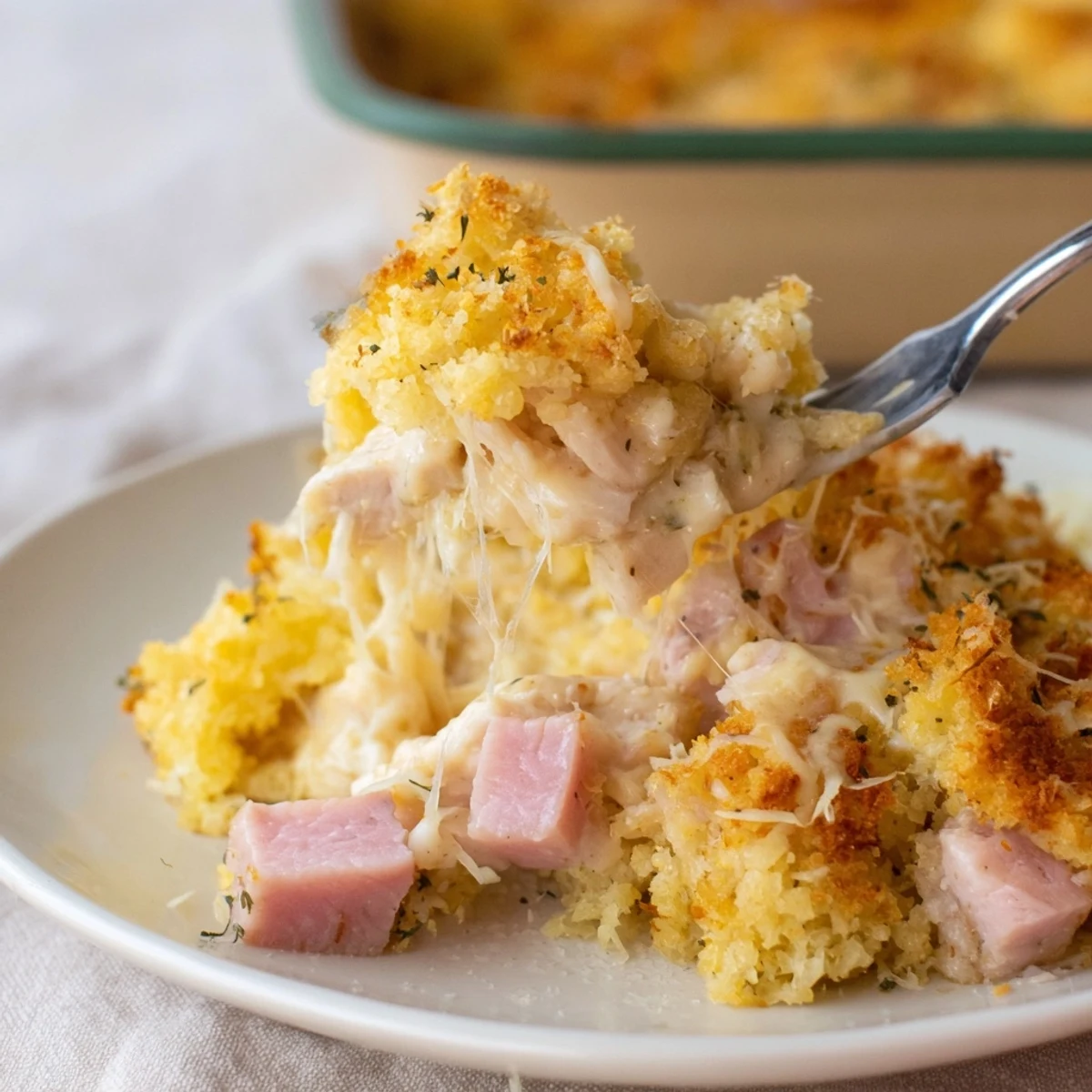 Golden bubbling Chicken Cordon Bleu Casserole topped with crispy Parmesan and Panko crust