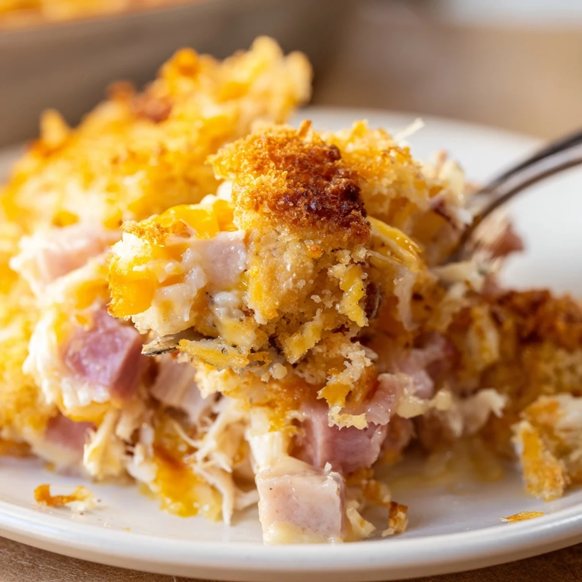 Hearty Chicken Cordon Bleu Casserole cooling five minutes, ready to slice and serve