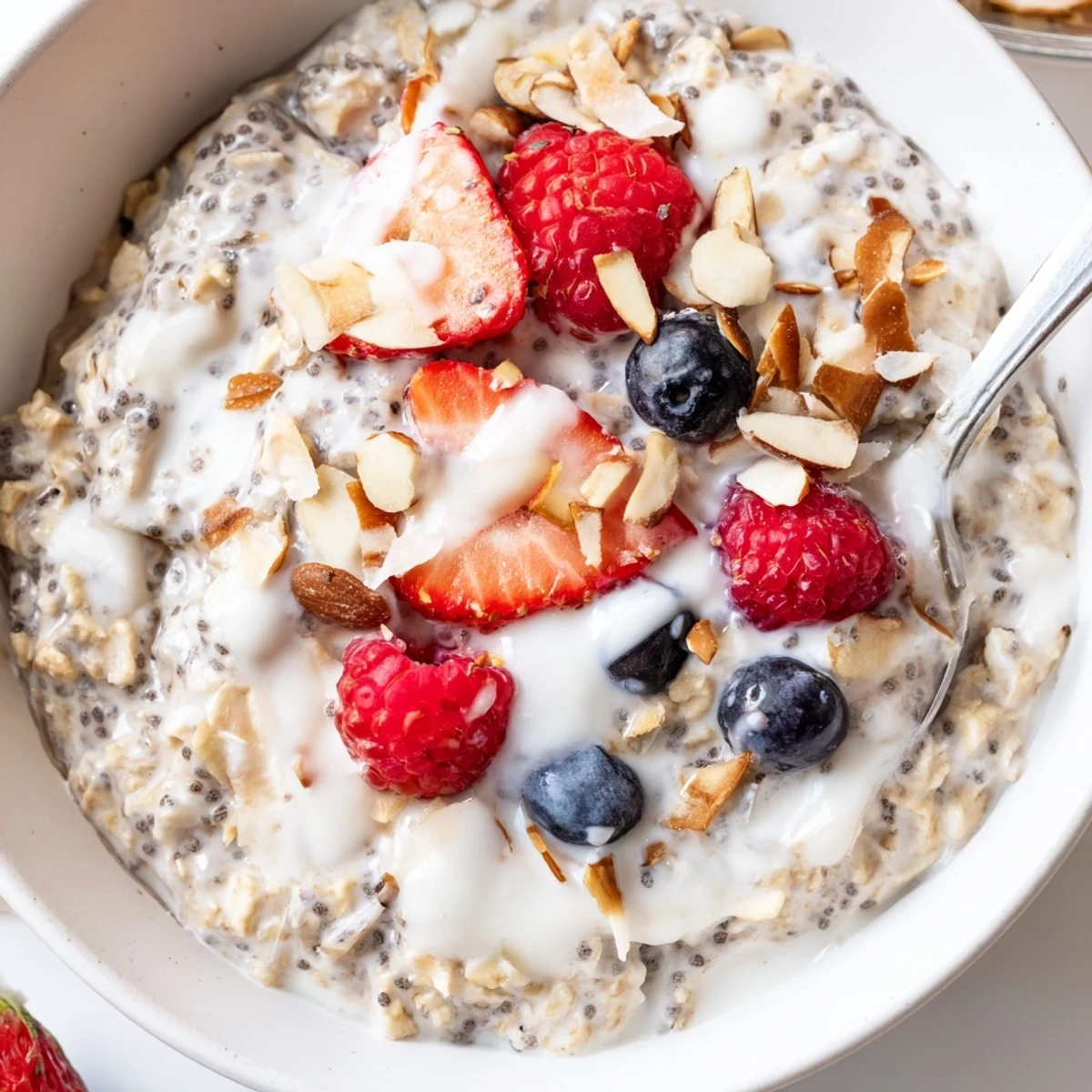Creamy Healthy Coconut Cream Overnight Oats topped with berries and toasted coconut