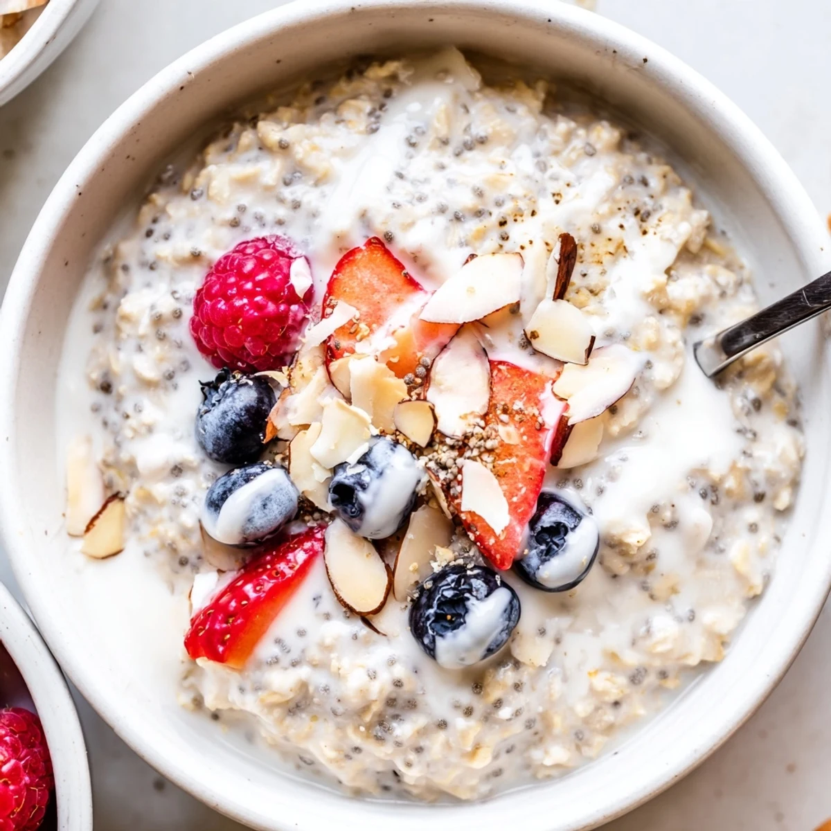 Vanilla scented Healthy Coconut Cream Overnight Oats garnished with toasted coconut flakes
