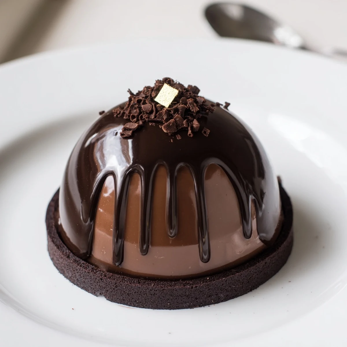 Elegant Chocolate Mascarpone Dome Dessert With Glossy Shells, silken mousse gleaming  