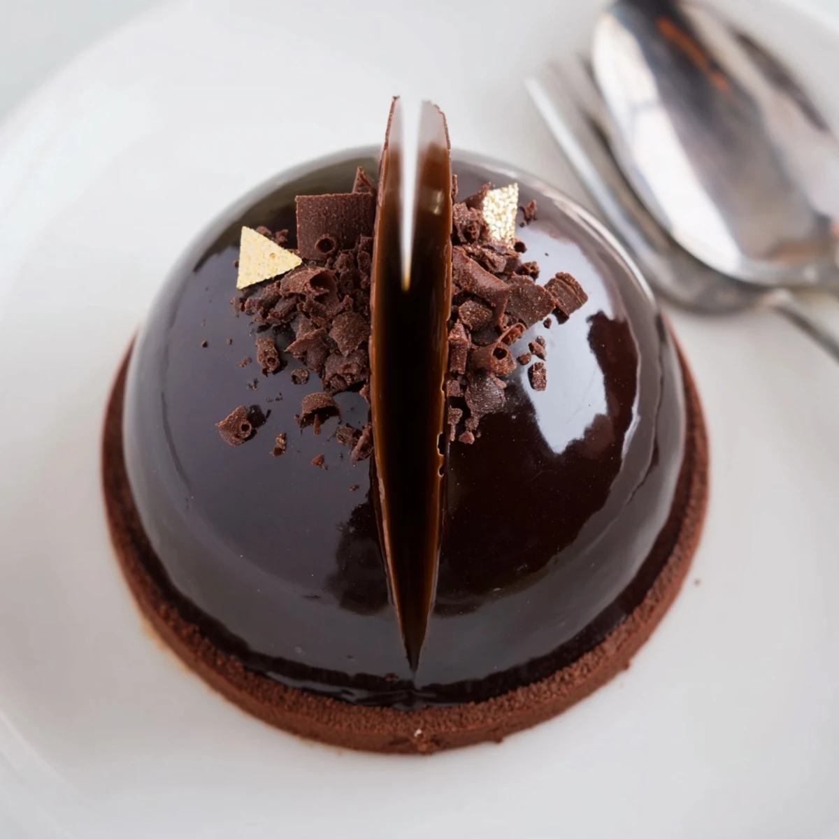 Elegant Chocolate Mascarpone Dome Dessert With Glossy Shells plated with gold leaf  
