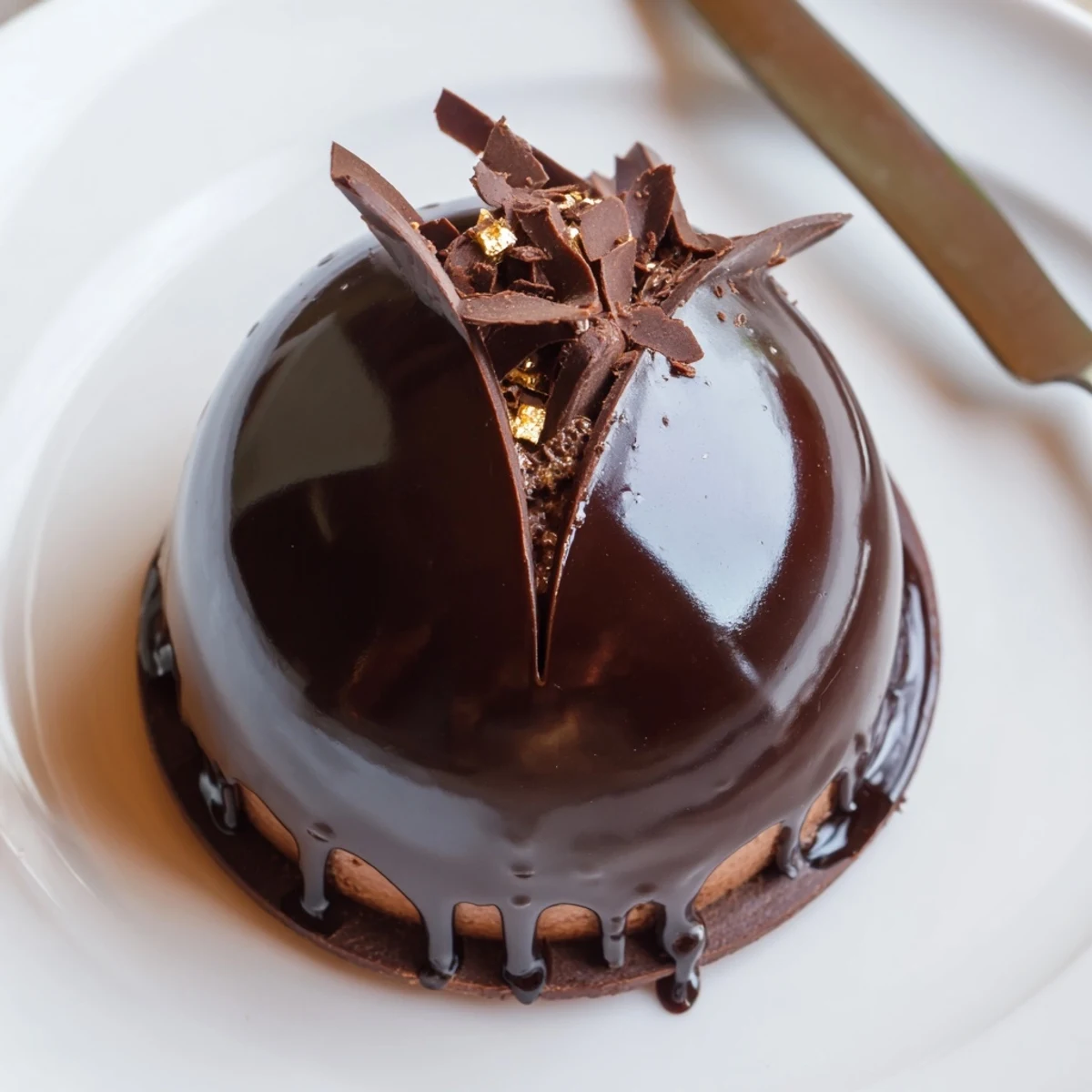 Elegant Chocolate Mascarpone Dome Dessert With Glossy Shells glazed mirror shine, ready to serve