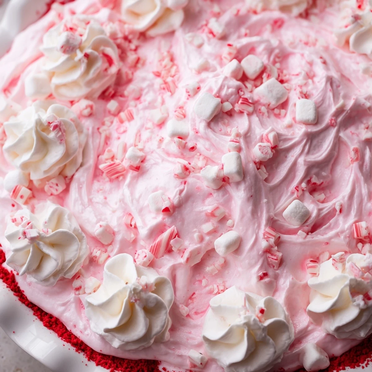 Slice of Candy Cane Pie garnished with whipped cream and crushed peppermint