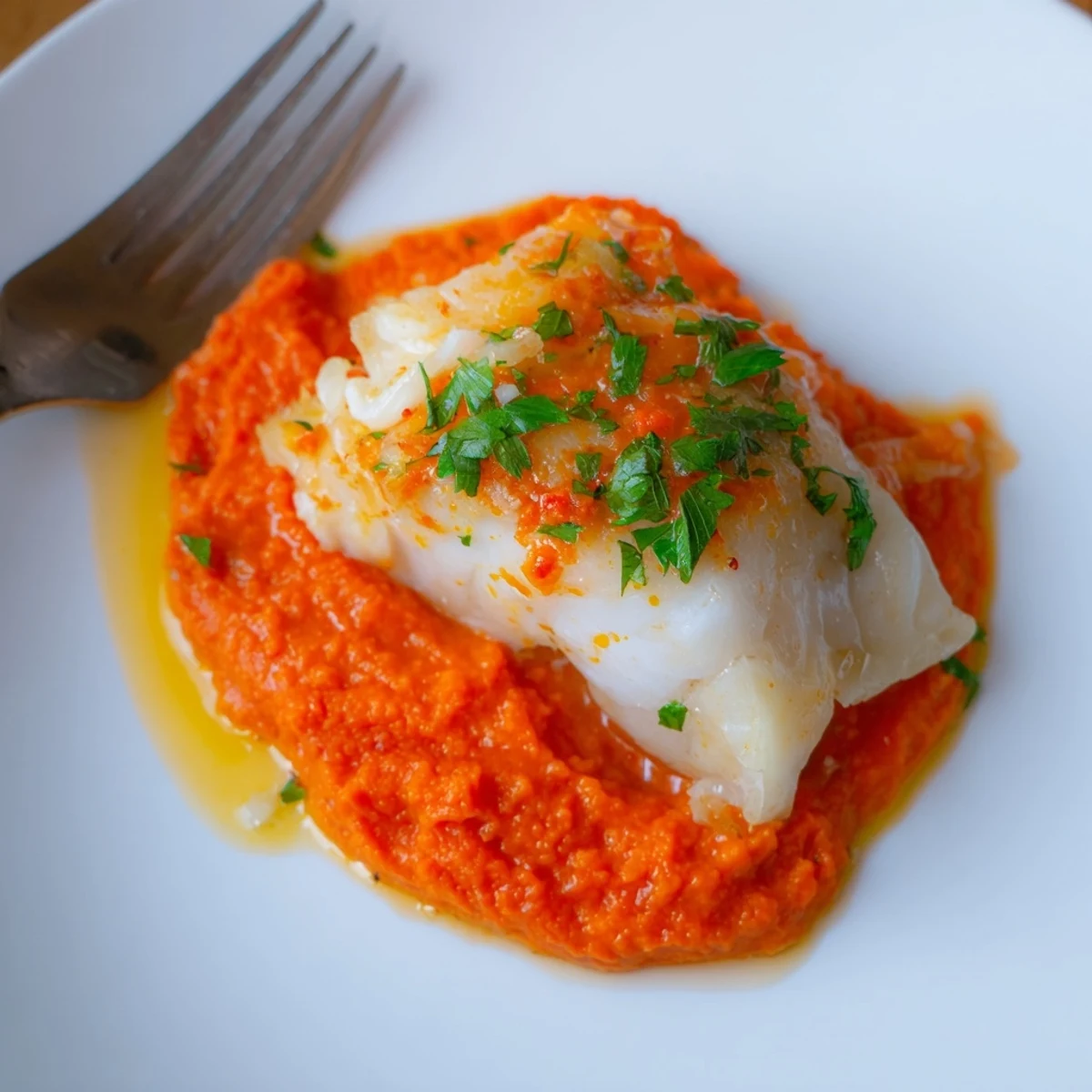 Cod In Roasted Red Pepper Sauce simmering in skillet, garnished with lemon.