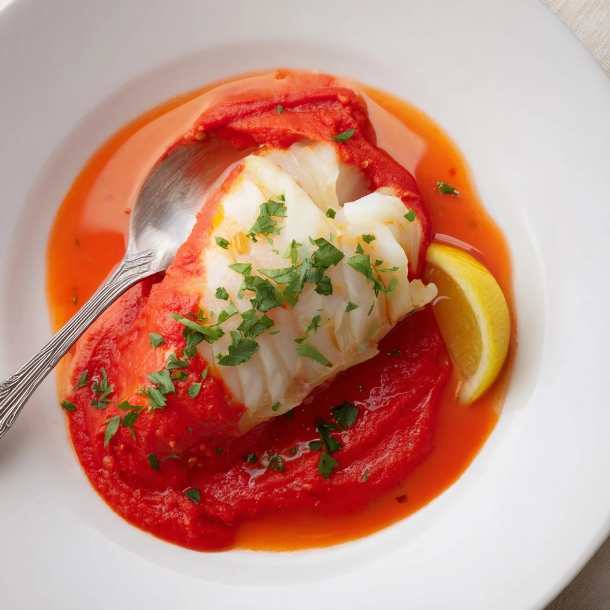 Close-up of Cod In Roasted Red Pepper Sauce, flaky fish with citrus aroma.