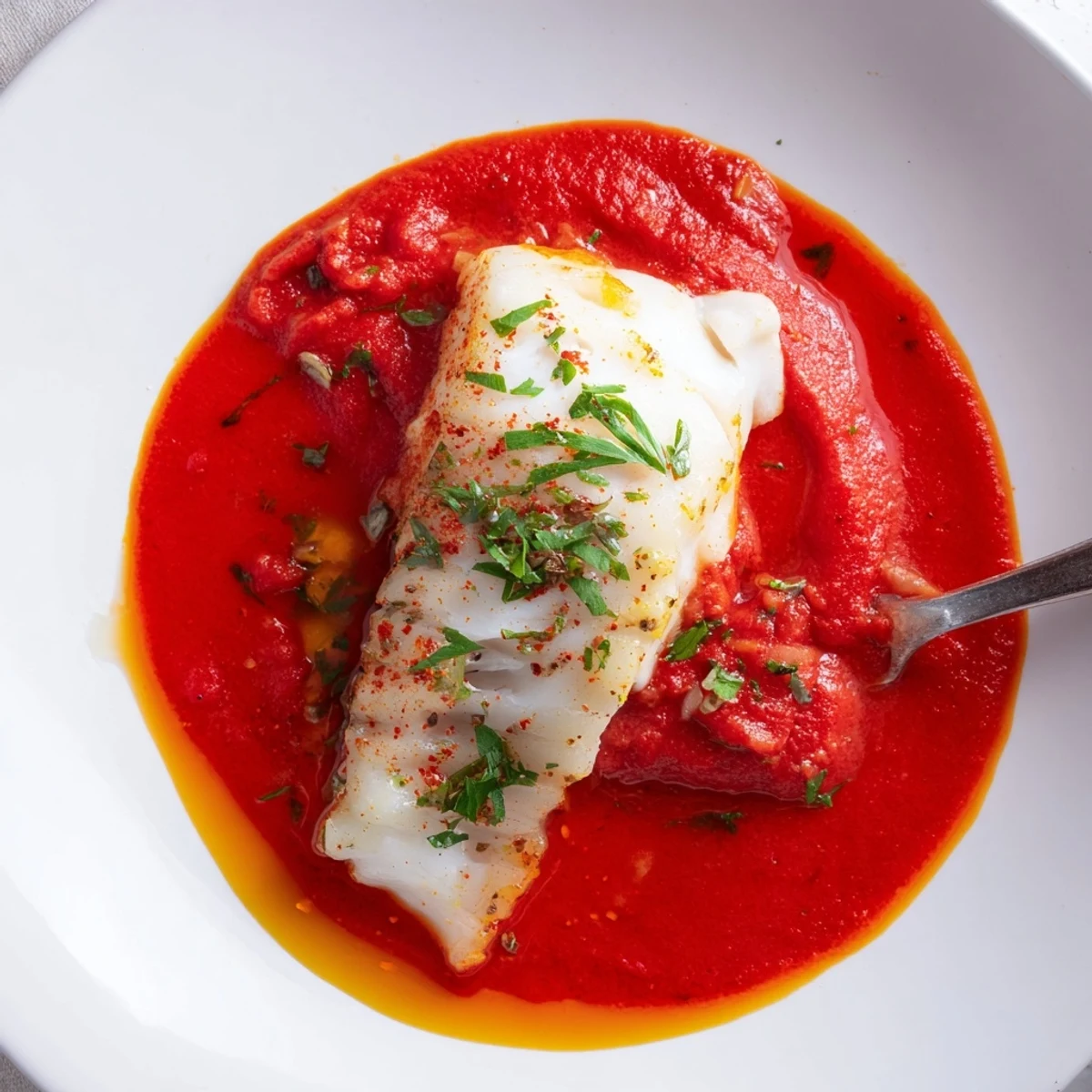 Plate of Cod In Roasted Red Pepper Sauce over rice, sprinkled with parsley.