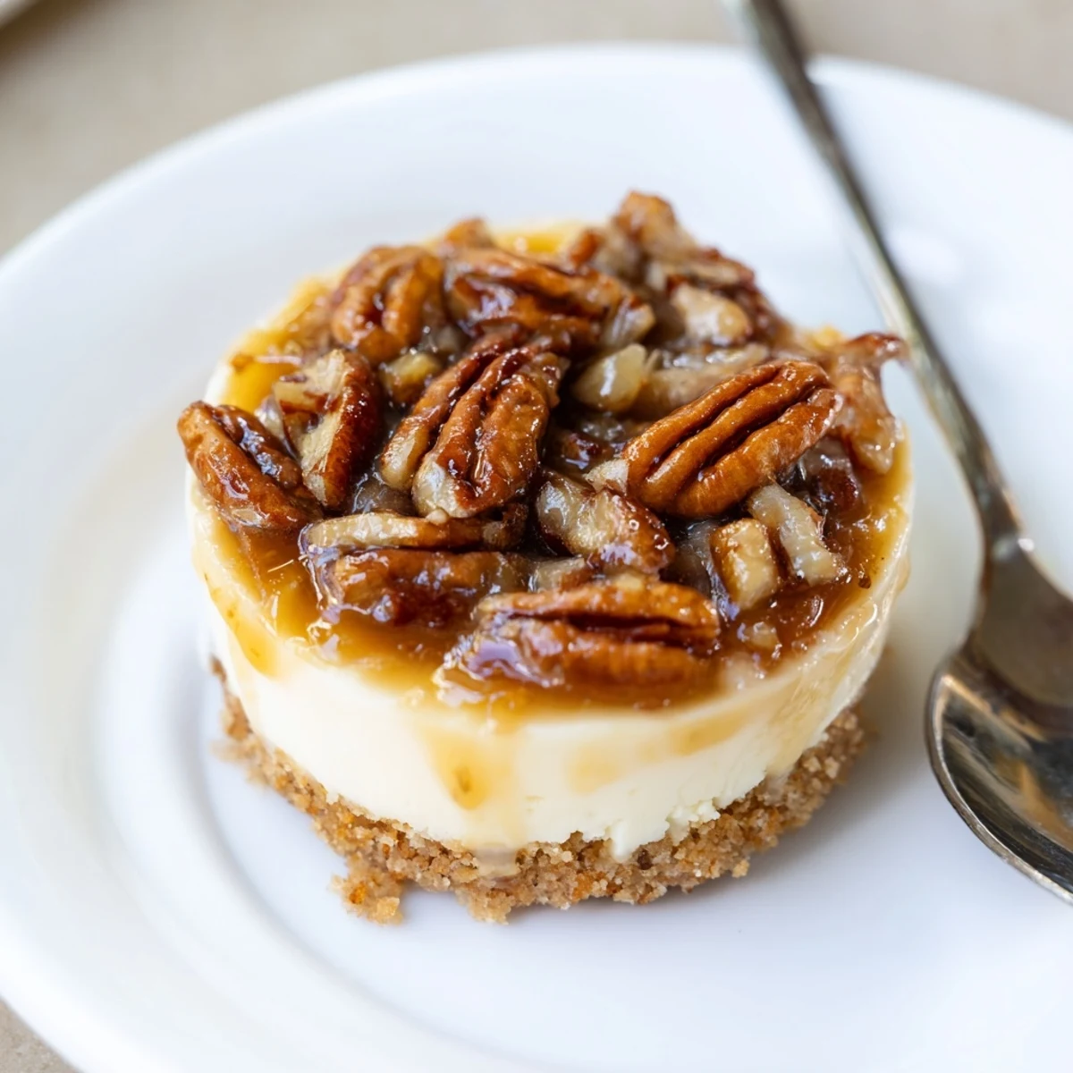 Mini Pecan Pie Cheesecakes with glossy pecan topping, buttery graham crust