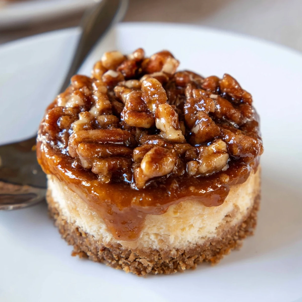 Bite-sized Mini Pecan Pie Cheesecakes served with whipped cream and caramel drizzle