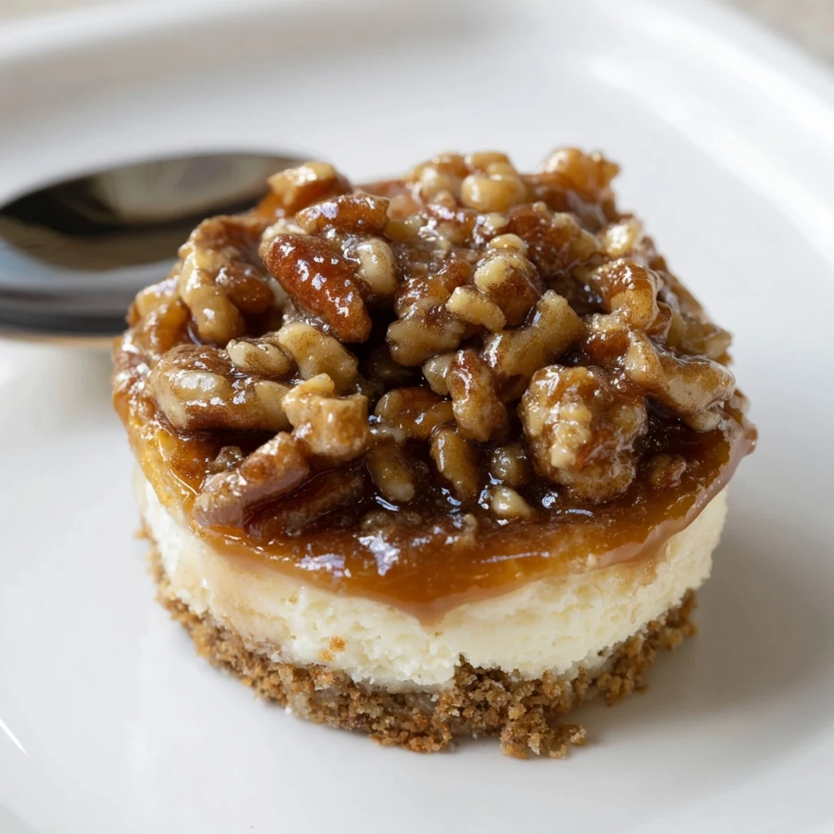 Plate of Mini Pecan Pie Cheesecakes chilled, creamy centers and crunchy pecans