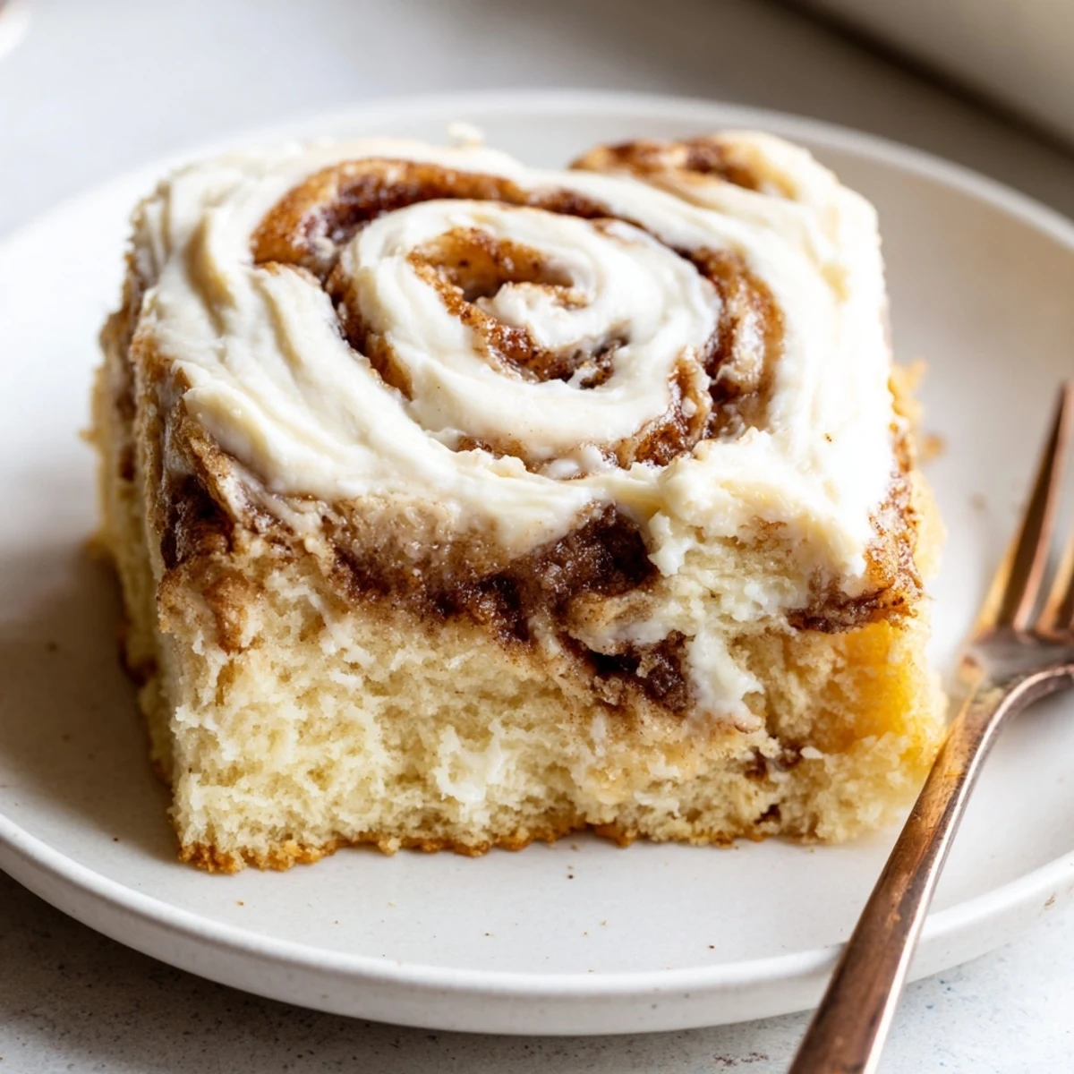 Cinnamon Roll Poke Cake with gooey cinnamon pockets and cream cheese frosting