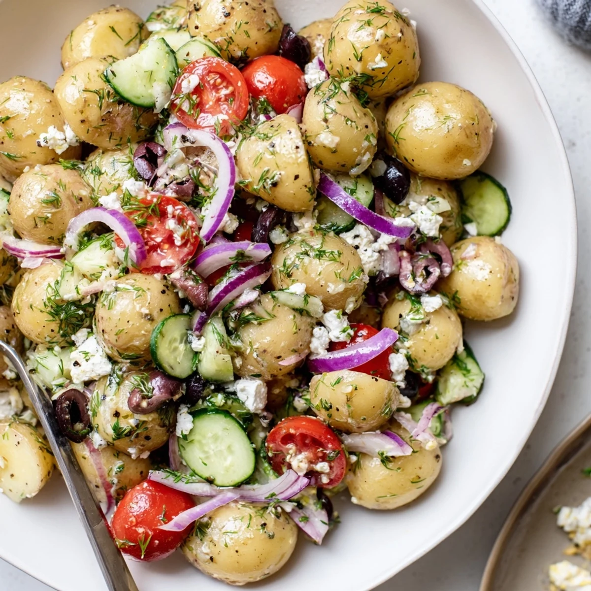 Chilled Olive Greek Potato Salad topped with Kalamata olives and lemony dressing