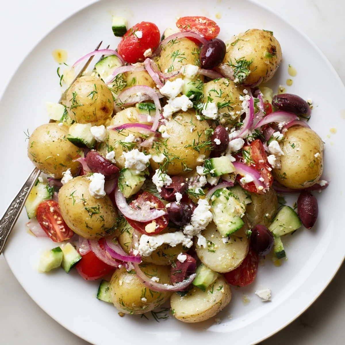Creamy Olive Greek Potato Salad with tangy feta, briny olives, fresh dill