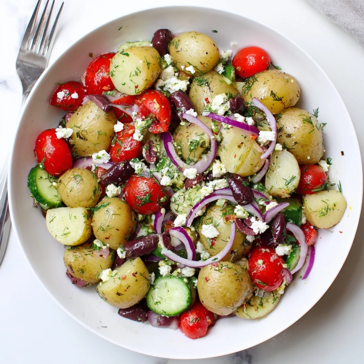 Olive Greek Potato Salad served at barbecue, featuring crisp cucumbers and herbs