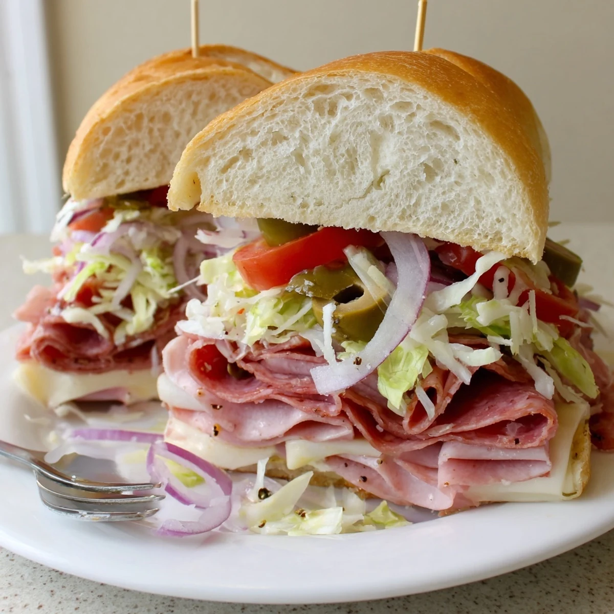 Italian Grinder Salad Sandwich piled with crisp iceberg, zesty pepperoncini, melting provolone