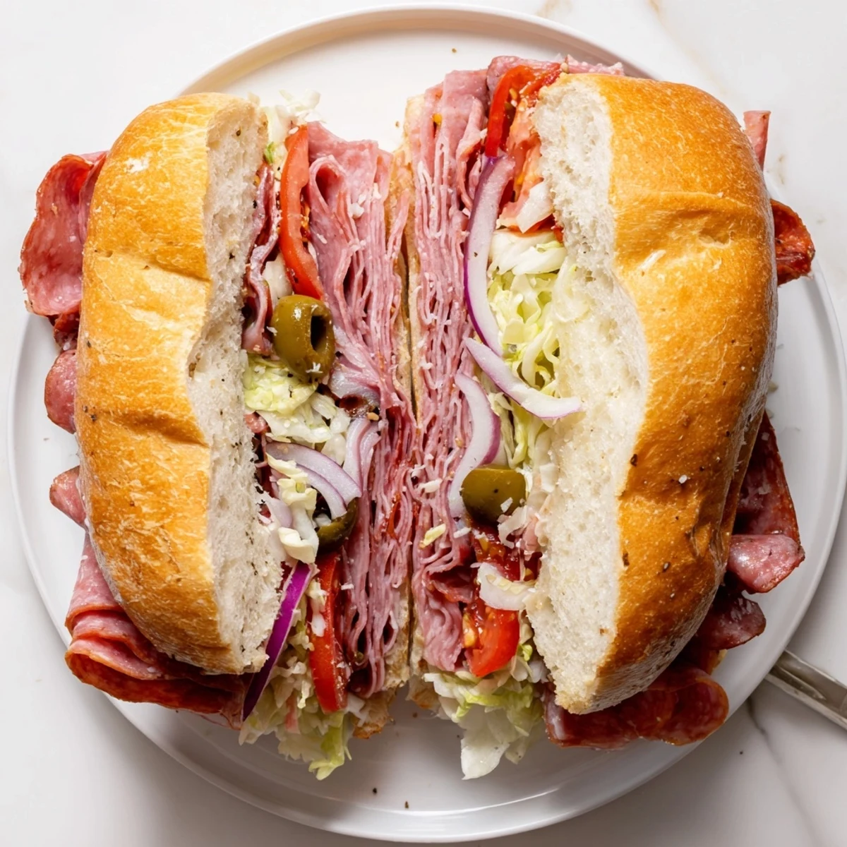 Toasted Italian Grinder Salad Sandwich layered with Genoa salami, tangy dressing