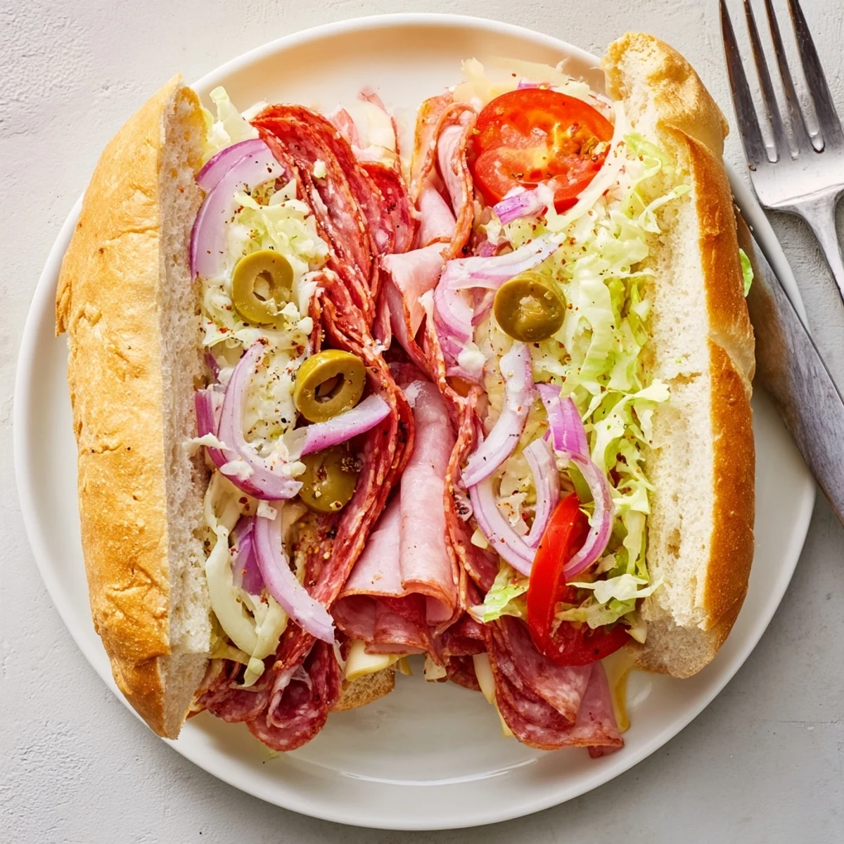 Italian Grinder Salad Sandwich served pressed, crunchy vegetables, savory mortadella, black pepper