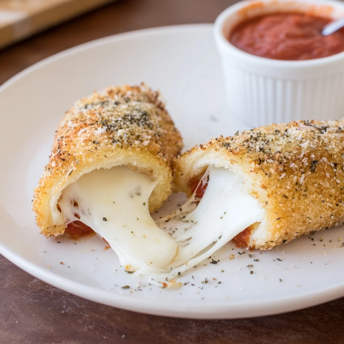 Crispy Cheesy Roll Ups golden-brown, gooey centers with marinara dipping sauce