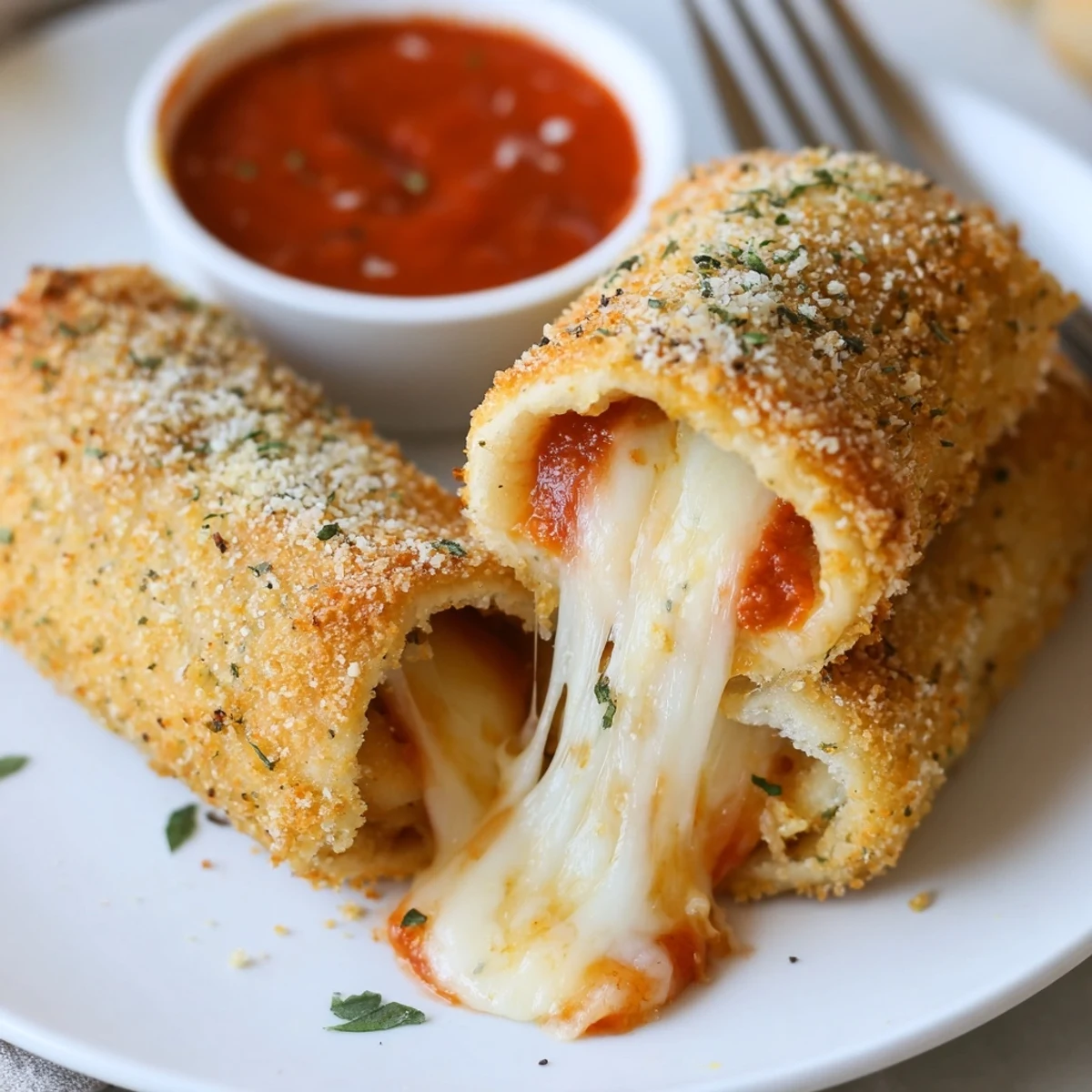 Pan-fried Crispy Cheesy Roll Ups, crunchy outside, warm stretchy mozzarella inside