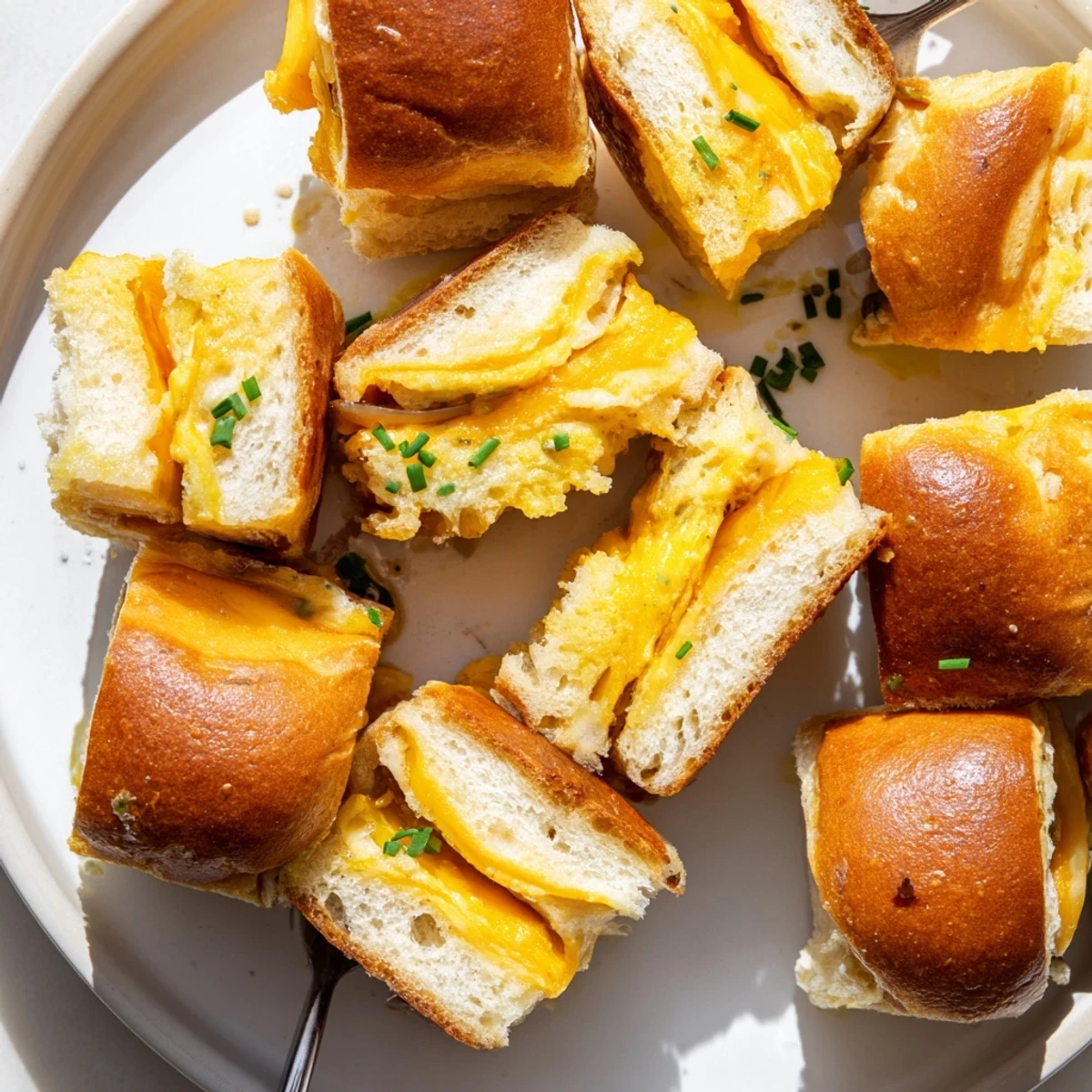 Mini Grilled Cheese Hawaiian Rolls brushed with butter, sprinkled chives, served with tomato soup