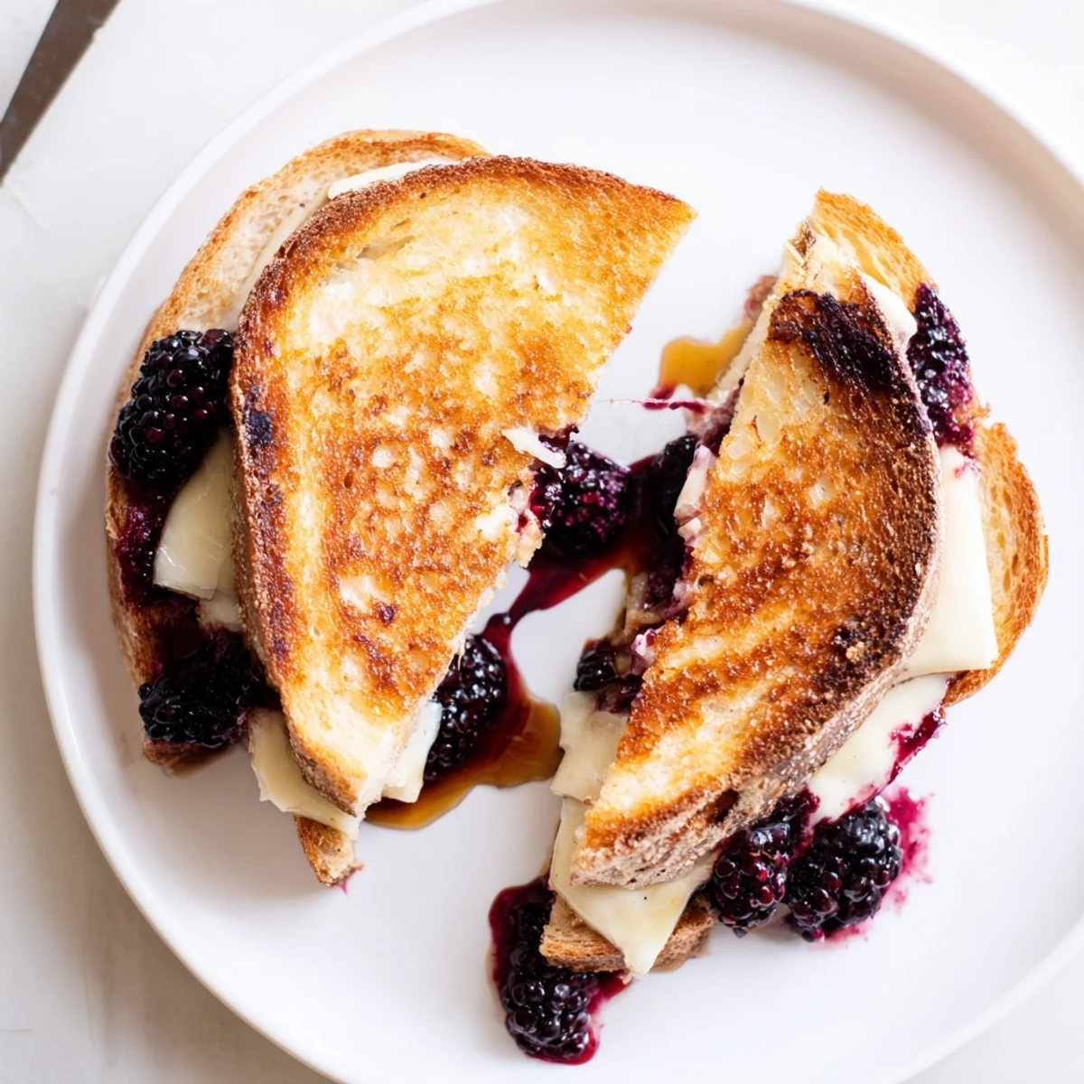 Pan-seared Blackberry Balsamic and Brie Grilled Cheese oozing creamy center, balsamic drizzle visible