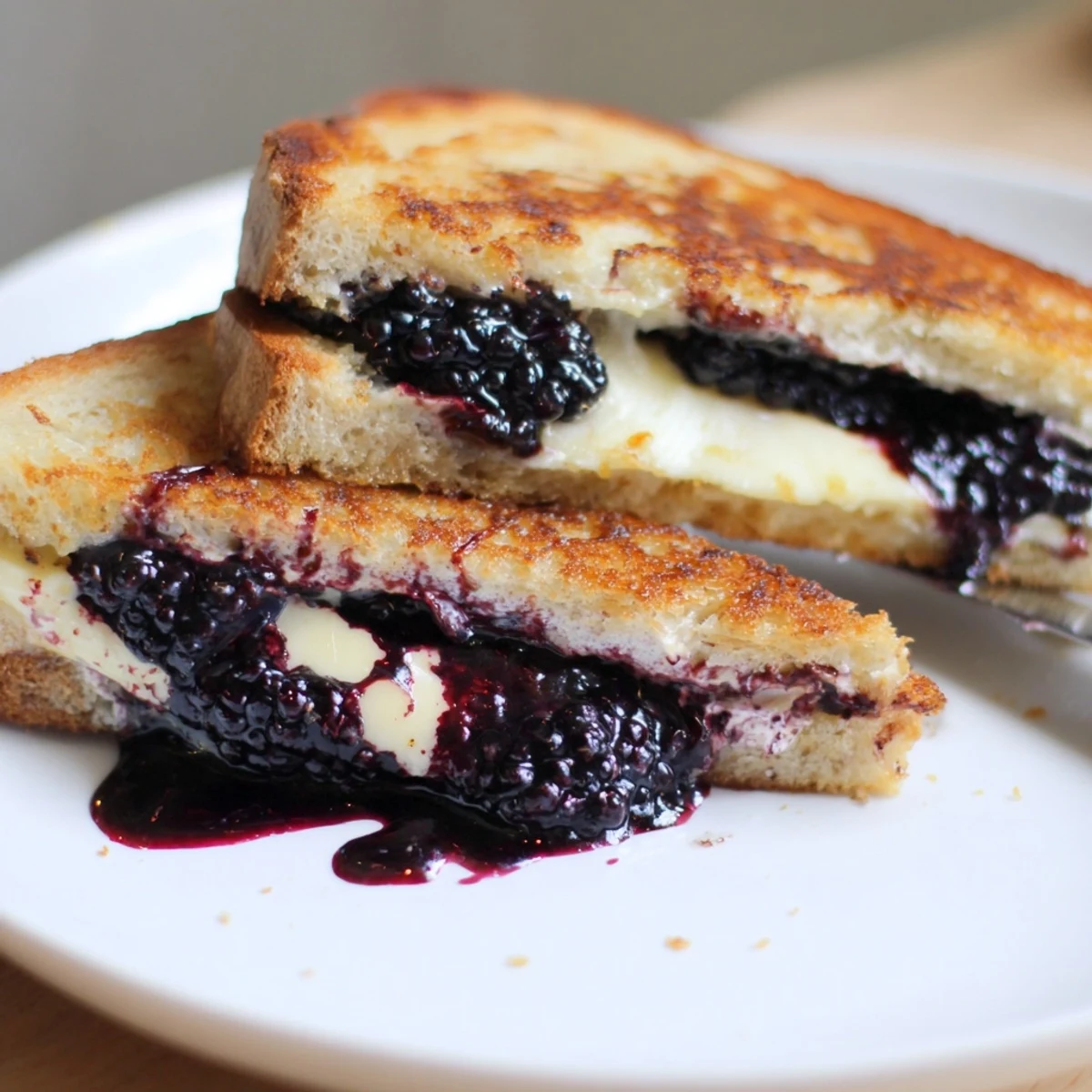 Golden, buttery Blackberry Balsamic and Brie Grilled Cheese with melted Brie and jammy blackberries