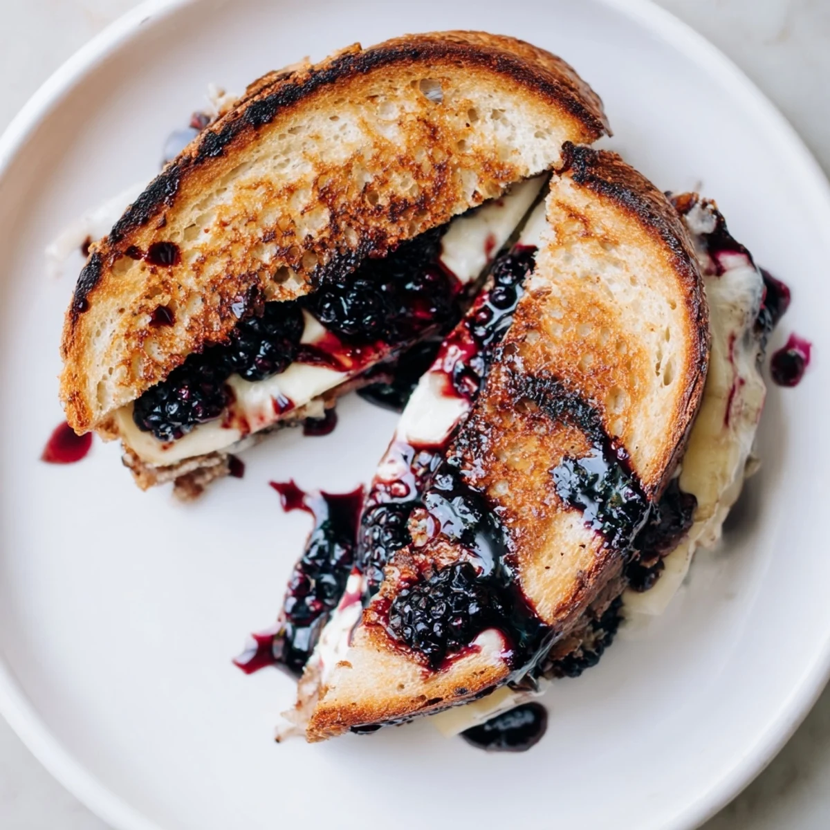 Sliced Blackberry Balsamic and Brie Grilled Cheese served warm with basil