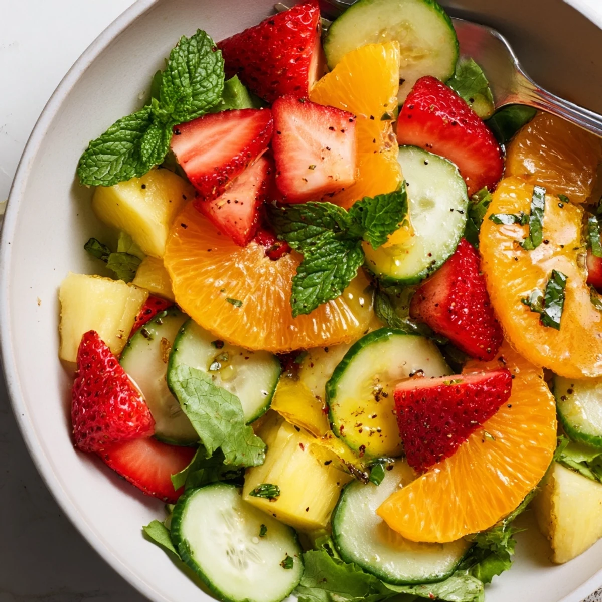 Sunshine Salad with citrus slices, juicy strawberries, and mint sprinkled greens.