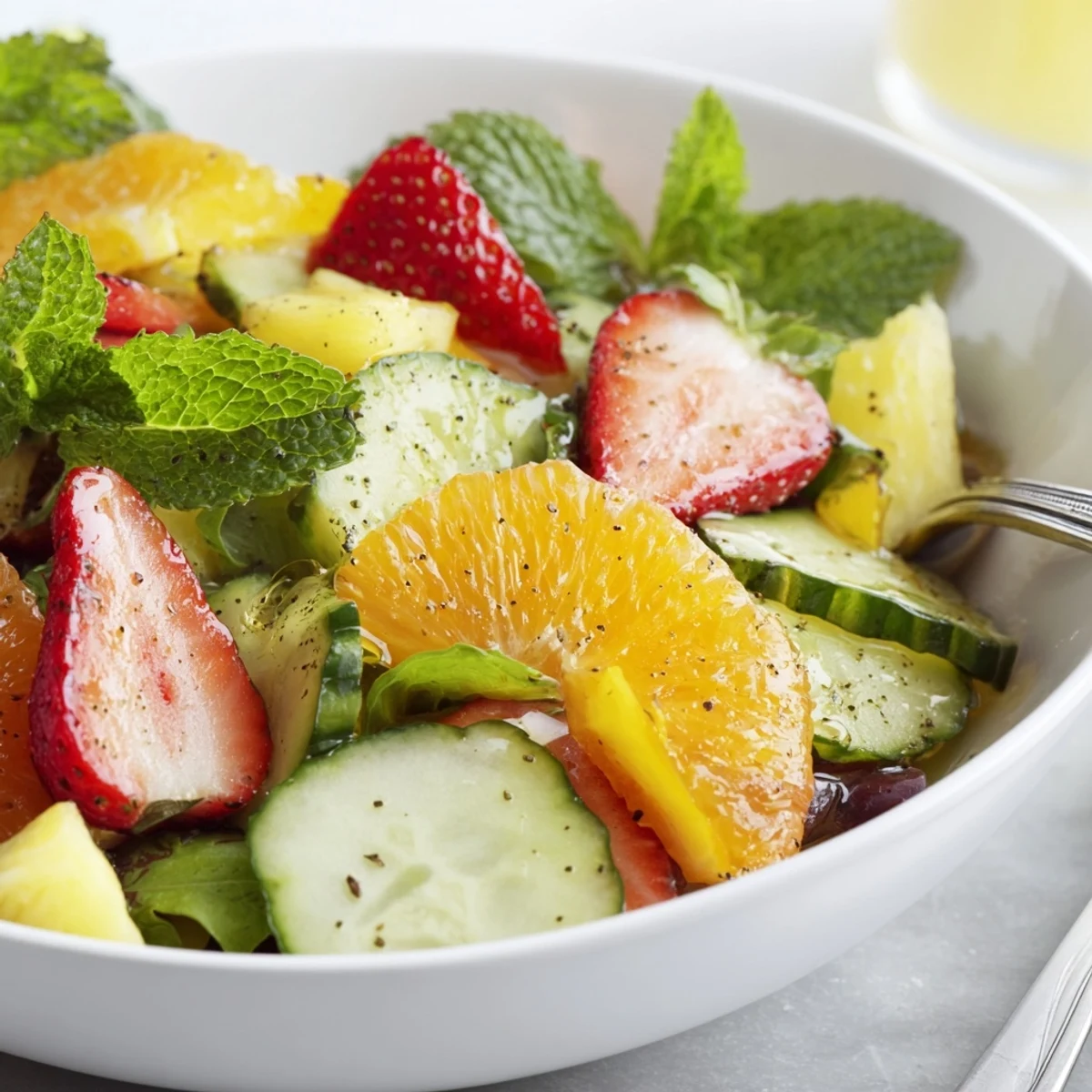 Bowl of Sunshine Salad tossed in honey lime dressing, crisp cucumber crunch.