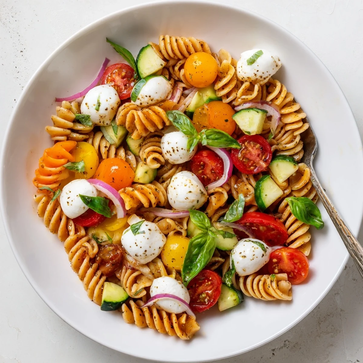 Colorful Caprese Pasta Salad with glossy cherry tomatoes and torn basil, chilled.