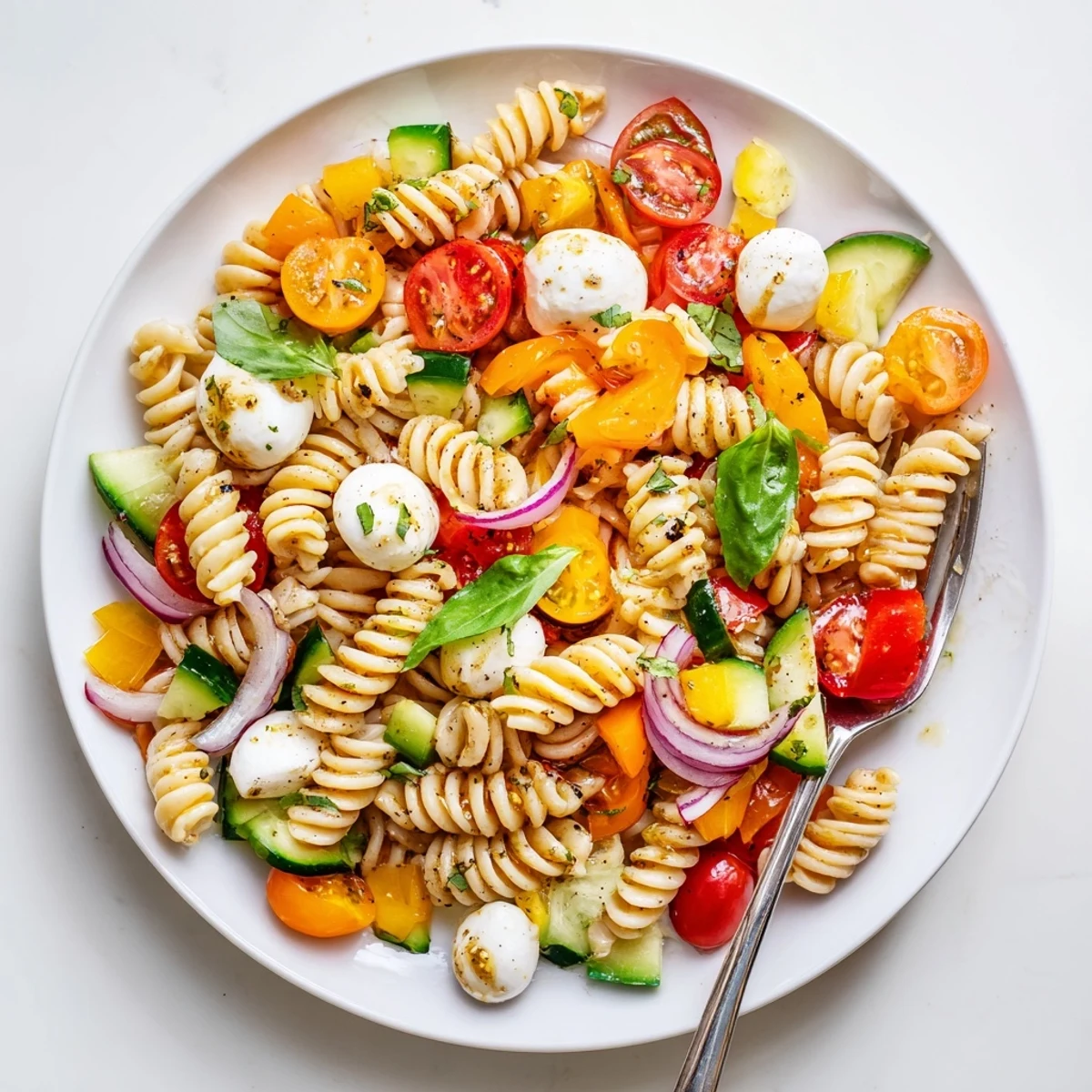 Bowl of Colorful Caprese Pasta Salad tossed in zesty balsamic vinaigrette, ready.