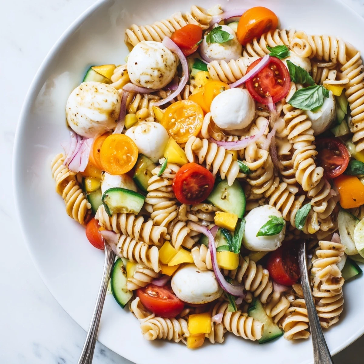 Heaping Colorful Caprese Pasta Salad studded with fresh mozzarella, crisp cucumber, peppery basil.