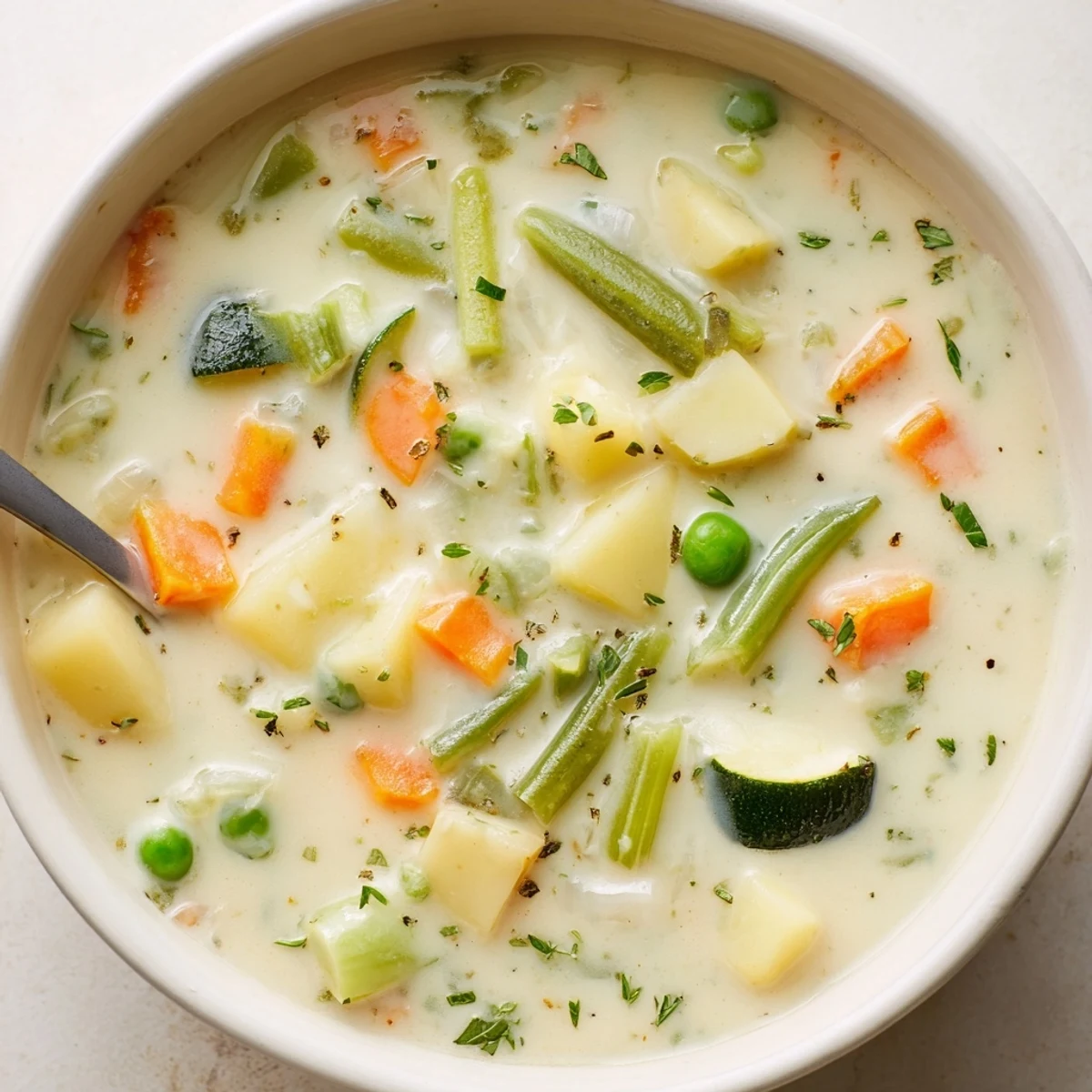 Warm bowl of Creamy Vegetable Soup Recipe, silky texture with fresh herbs