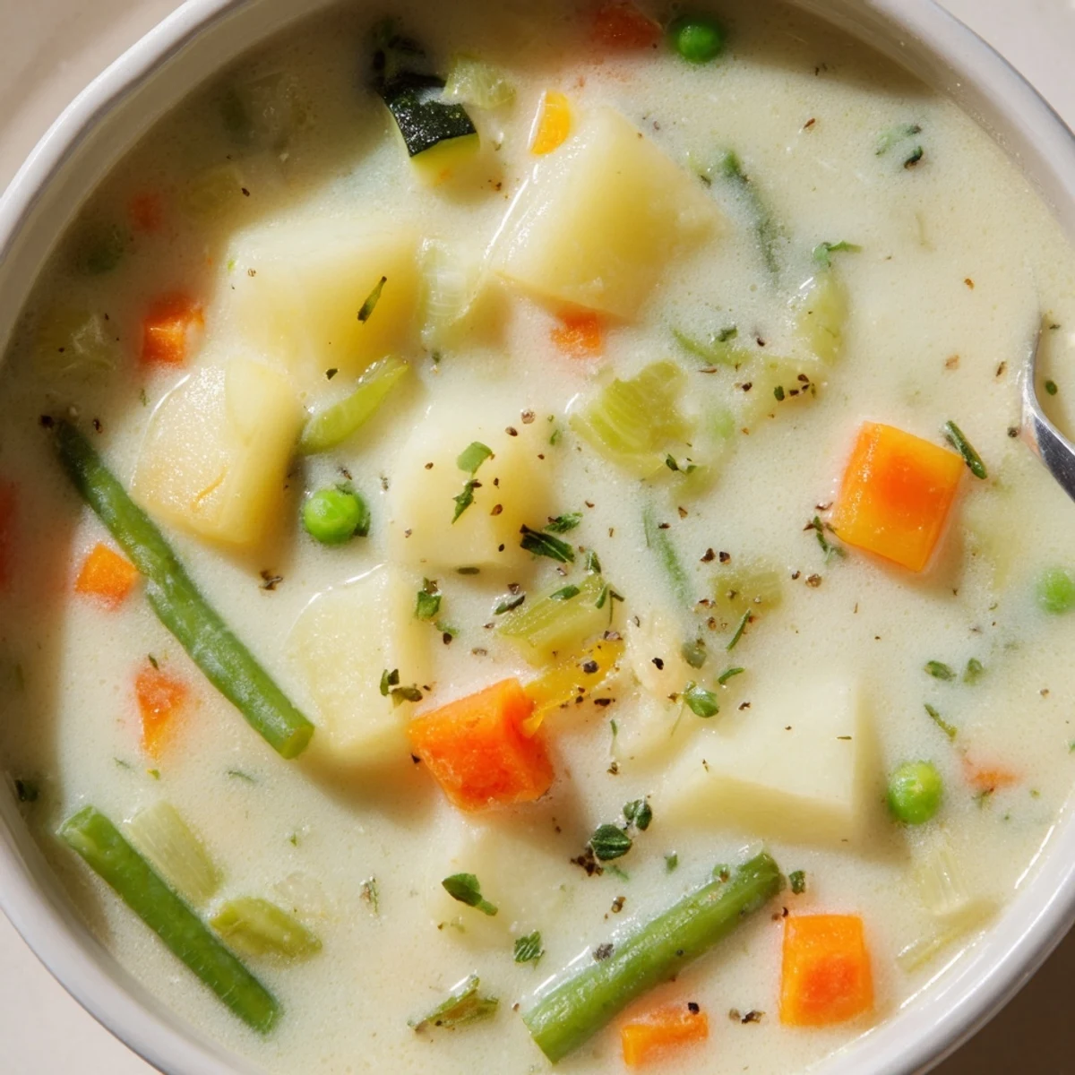 Velvety Creamy Vegetable Soup Recipe garnished with parsley, spoon dipping into bowl