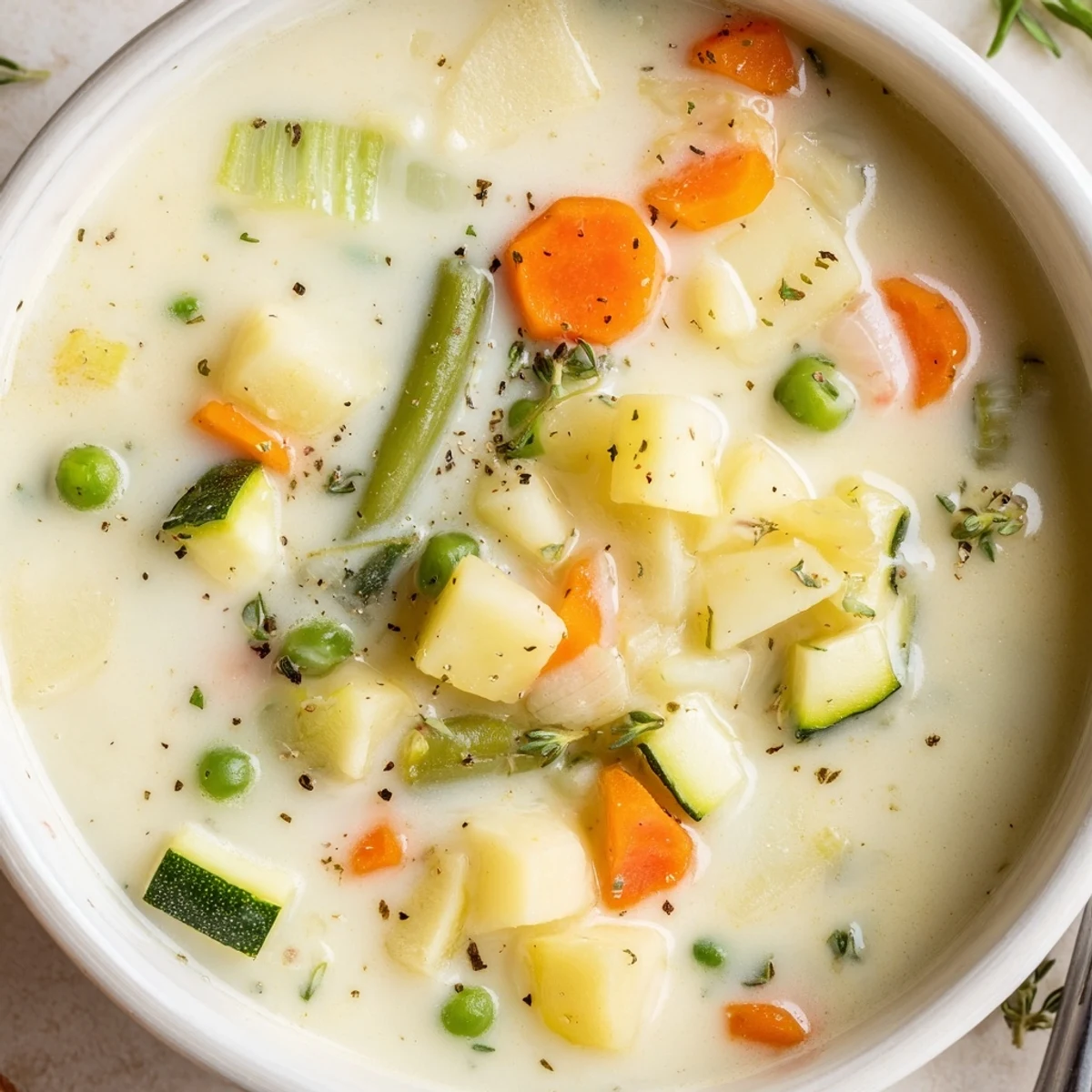 Steaming Creamy Vegetable Soup Recipe resting on wooden board beside bread
