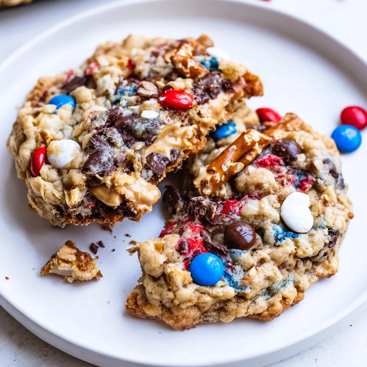 Chewy Patriotic Monster Cookies loaded with peanut butter, oats, red-white-blue candies
