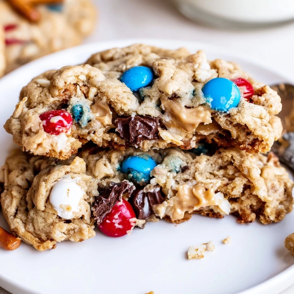Warm Patriotic Monster Cookies recipe cooling on a rack, chocolate chips glistening