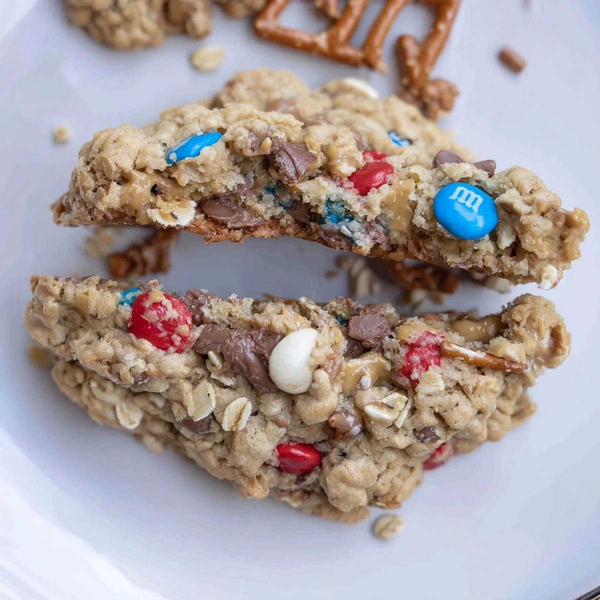 A plate of Patriotic Monster Cookies, gooey centers and crunchy pretzels
