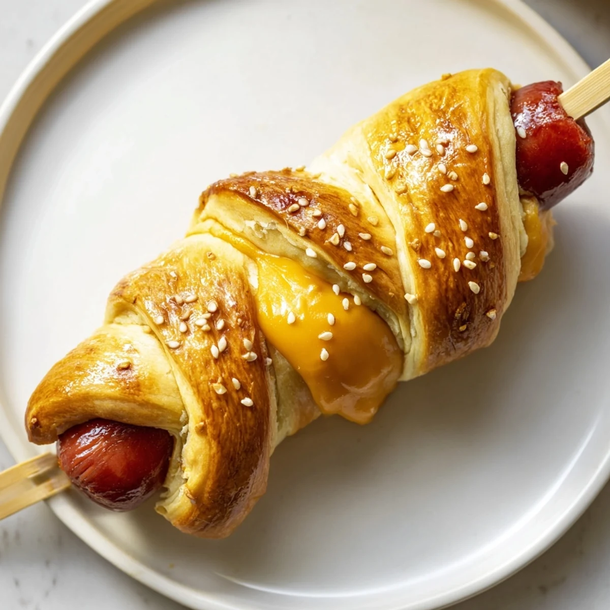 Skewered Firecracker Hot Dogs Recipe, sesame-speckled and served warm with ketchup